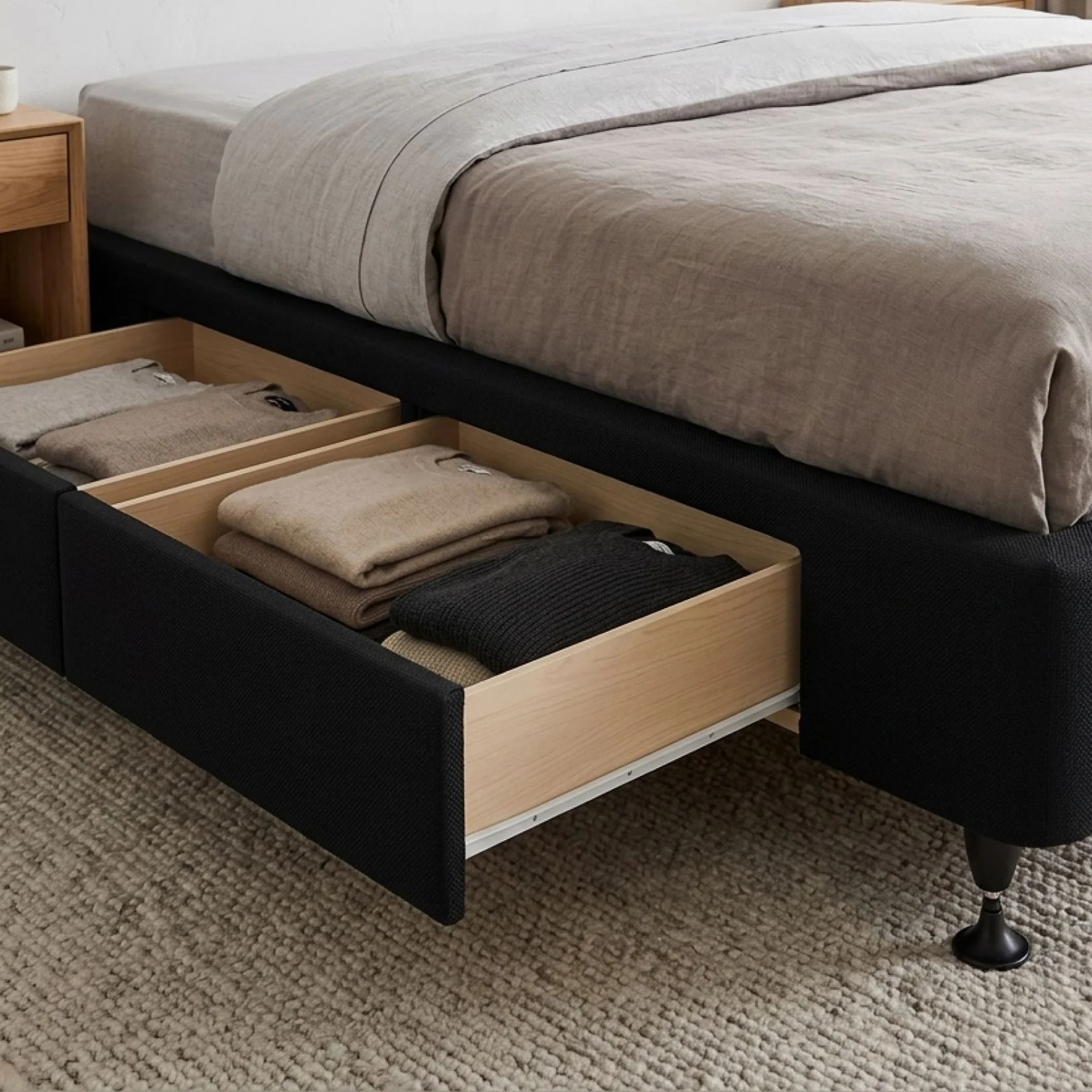 Charles Fabric Double Bed Base 4 Drawers - Black - Image 6