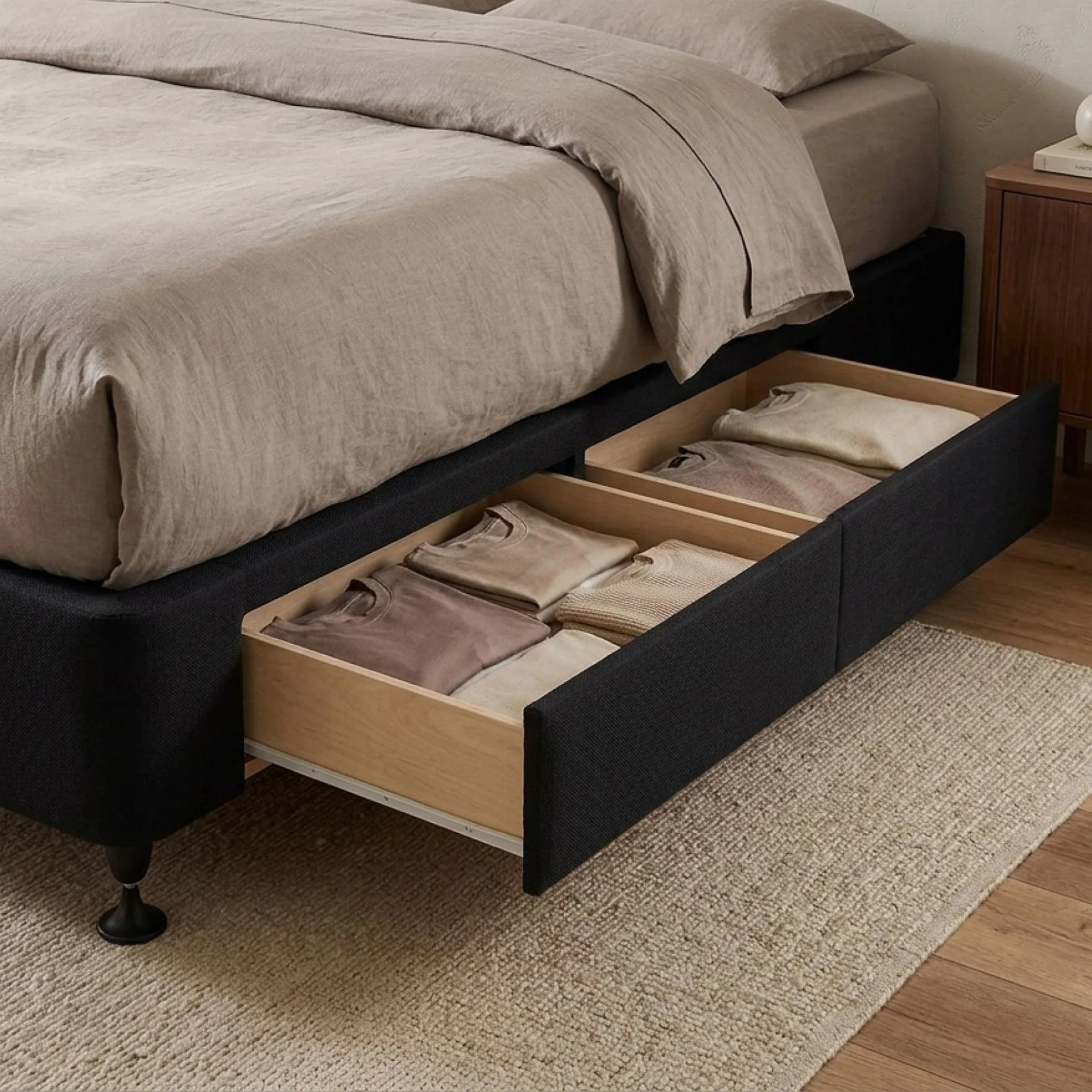 Charles Fabric Queen Bed Base 4 Drawers - Black - Image 7