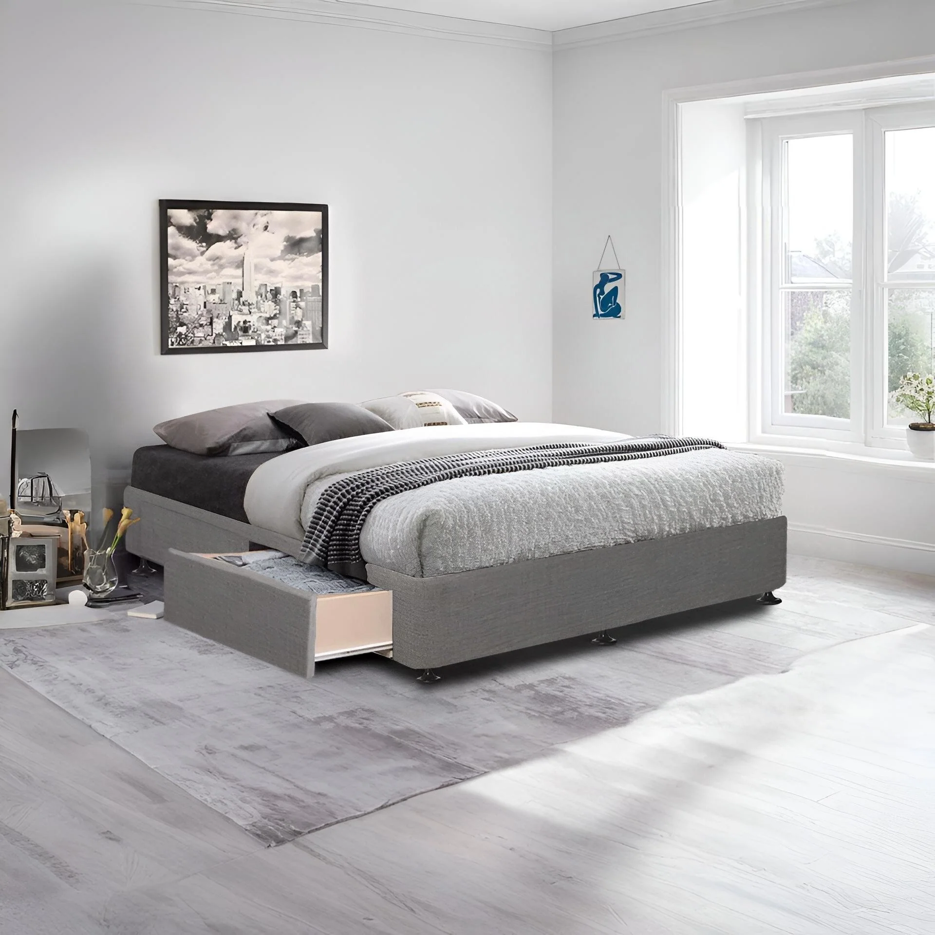 CHARLES Fabric Queen Bed Base 4 Drawers - GREY