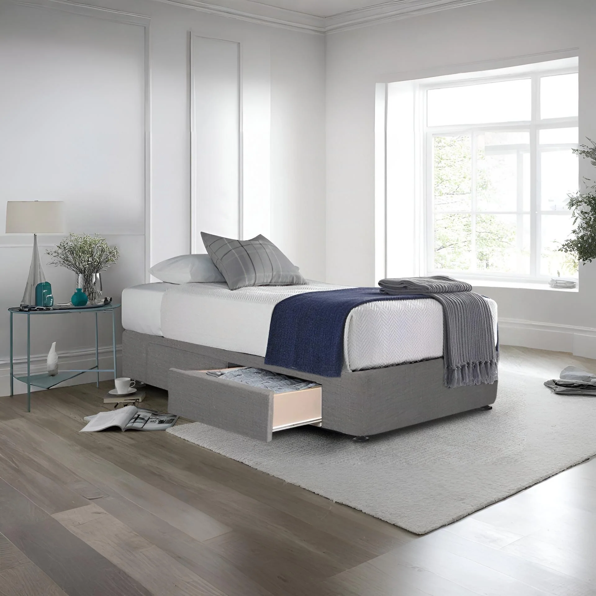 CHARLES Fabric Single Bed Base 2 Drawers - GREY