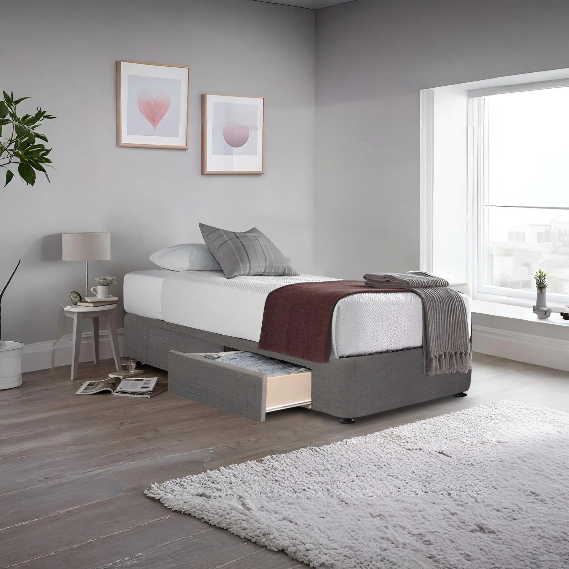 CHARLES Fabric Single Bed Base 2 Drawers - SLATE - Image 3