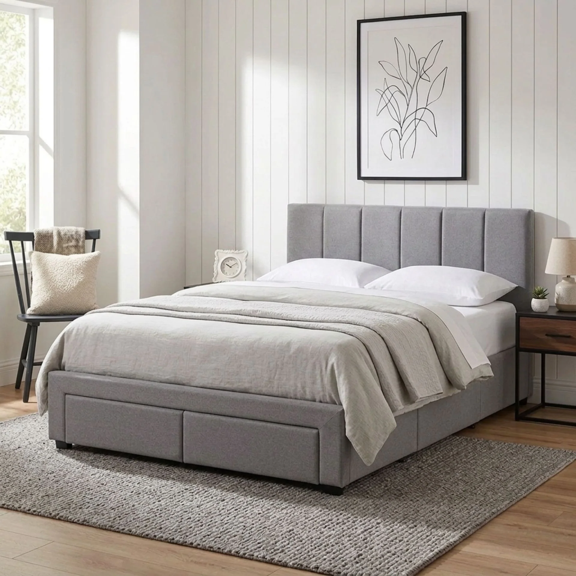 Charlotte Double Bed Frame with 4 Drawers - Light Grey