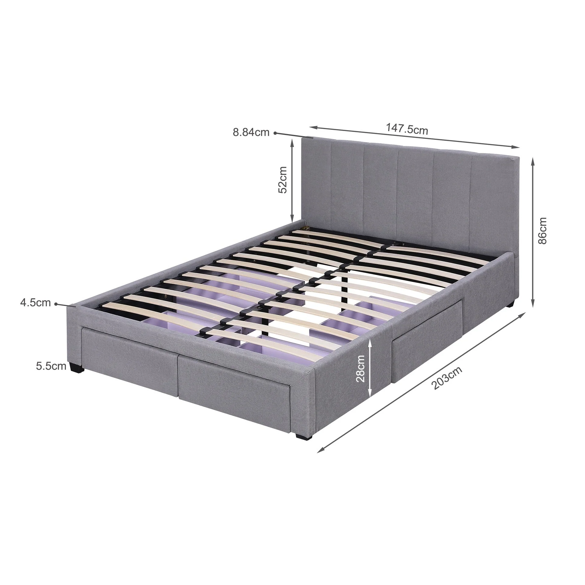 Charlotte Double Bed Frame with 4 Drawers - Light Grey - Image 15