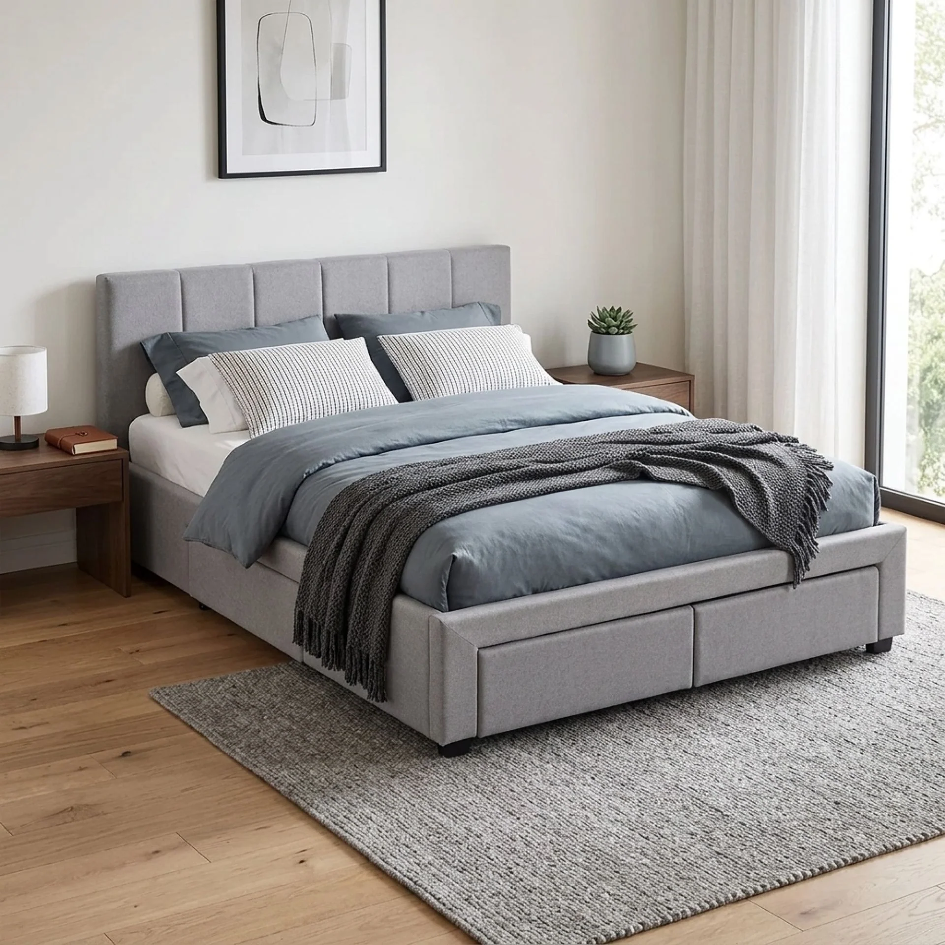 Charlotte Double Bed Frame with 4 Drawers - Light Grey - Image 3