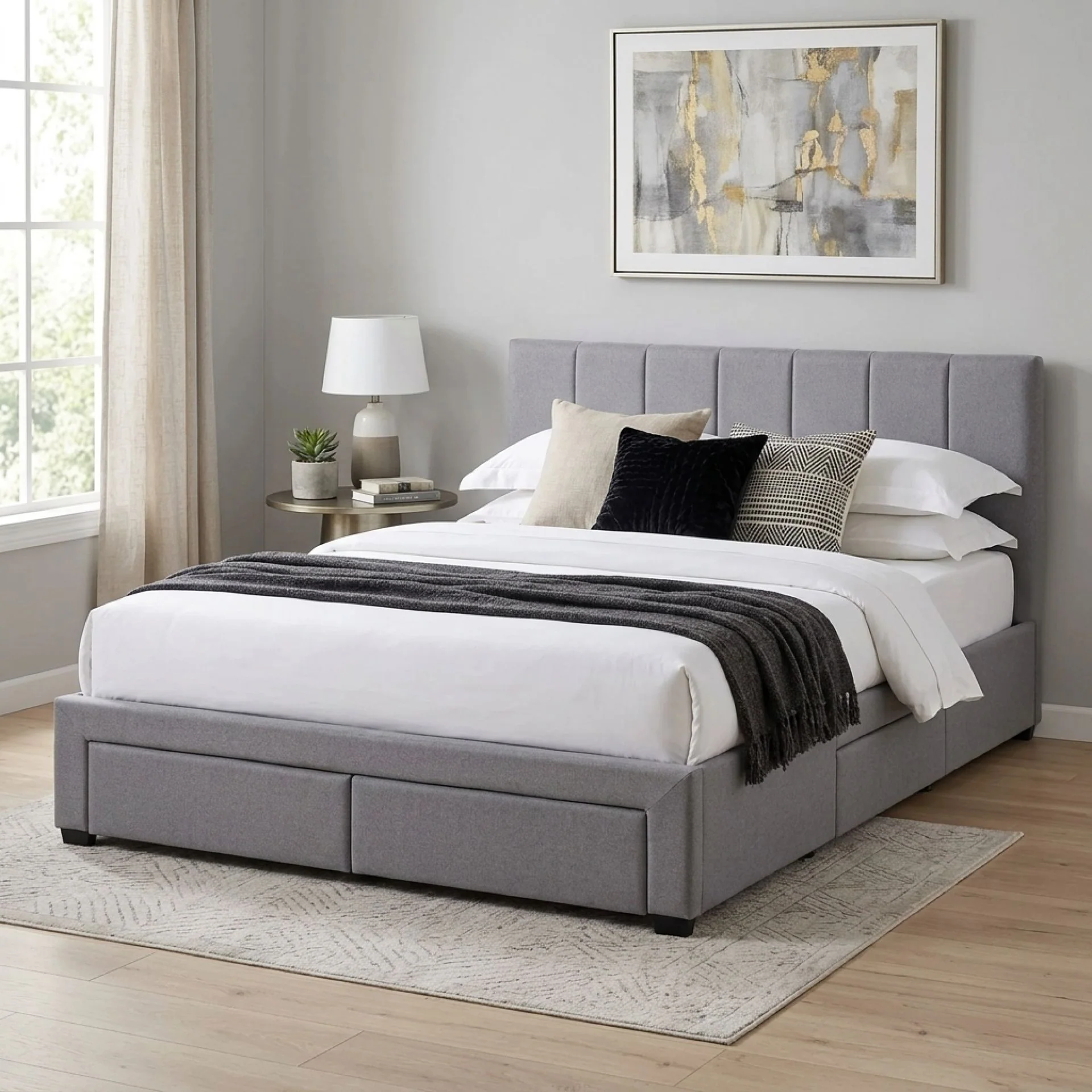Charlotte Queen Bed Frame with 4 Drawers - Light Grey
