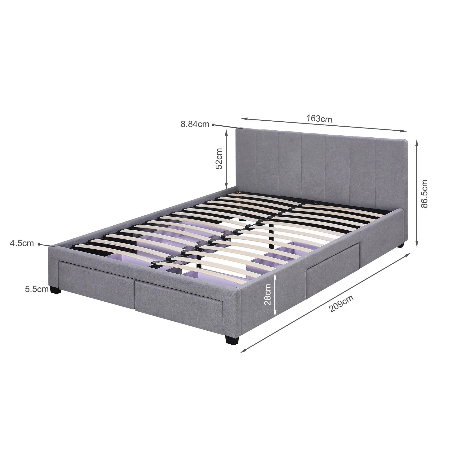 Charlotte Queen Bed Frame with 4 Drawers - Light Grey - Image 14