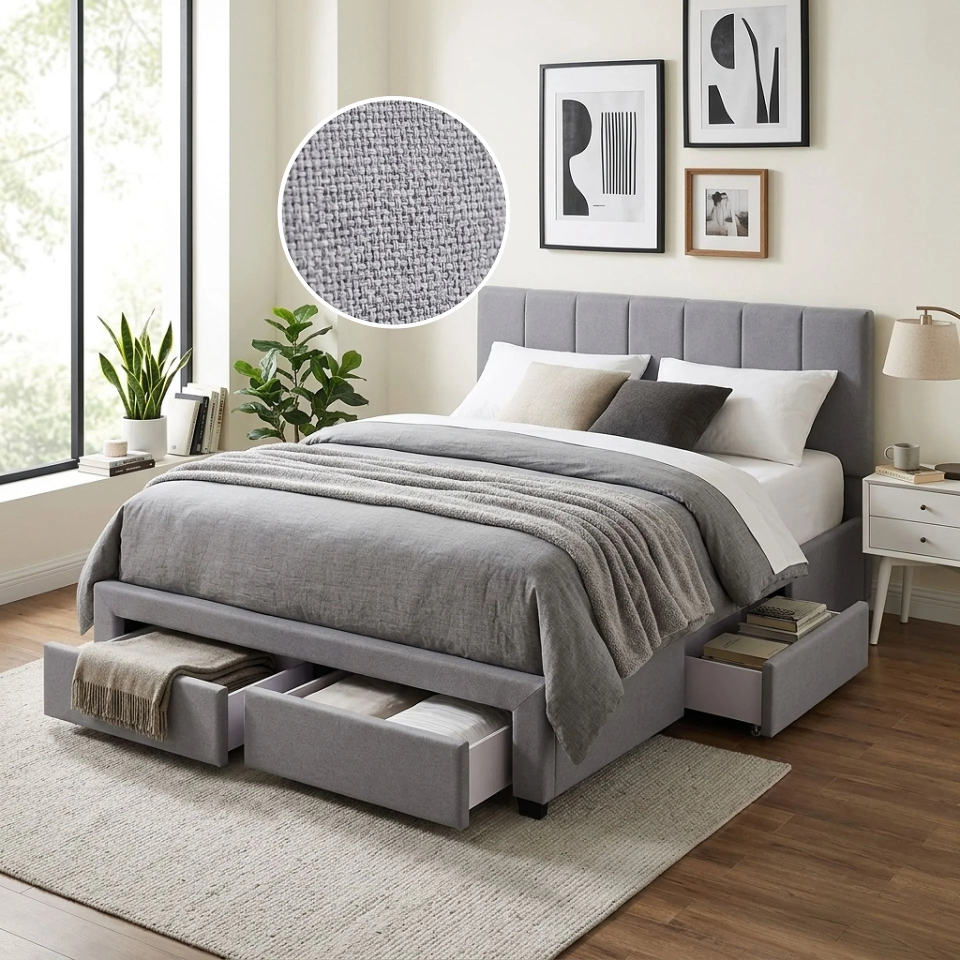 Charlotte Queen Bed Frame with 4 Drawers - Light Grey - Image 2