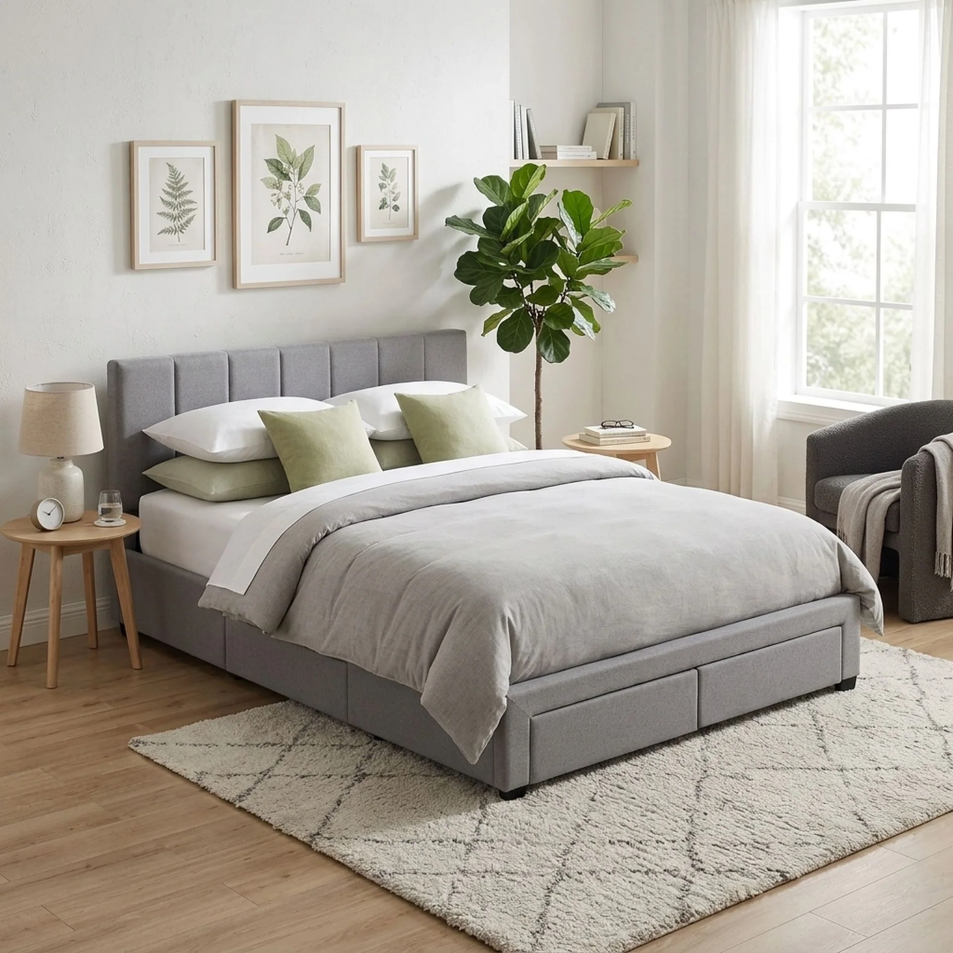 Charlotte Queen Bed Frame with 4 Drawers - Light Grey - Image 3