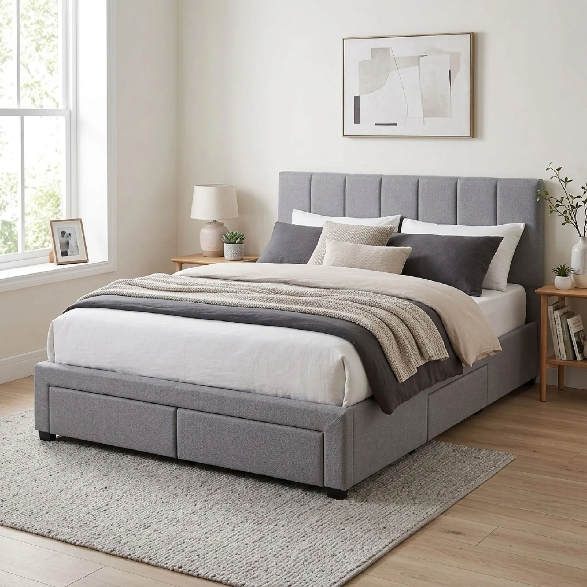 Charlotte Queen Bed Frame with 4 Drawers - Light Grey - Image 4