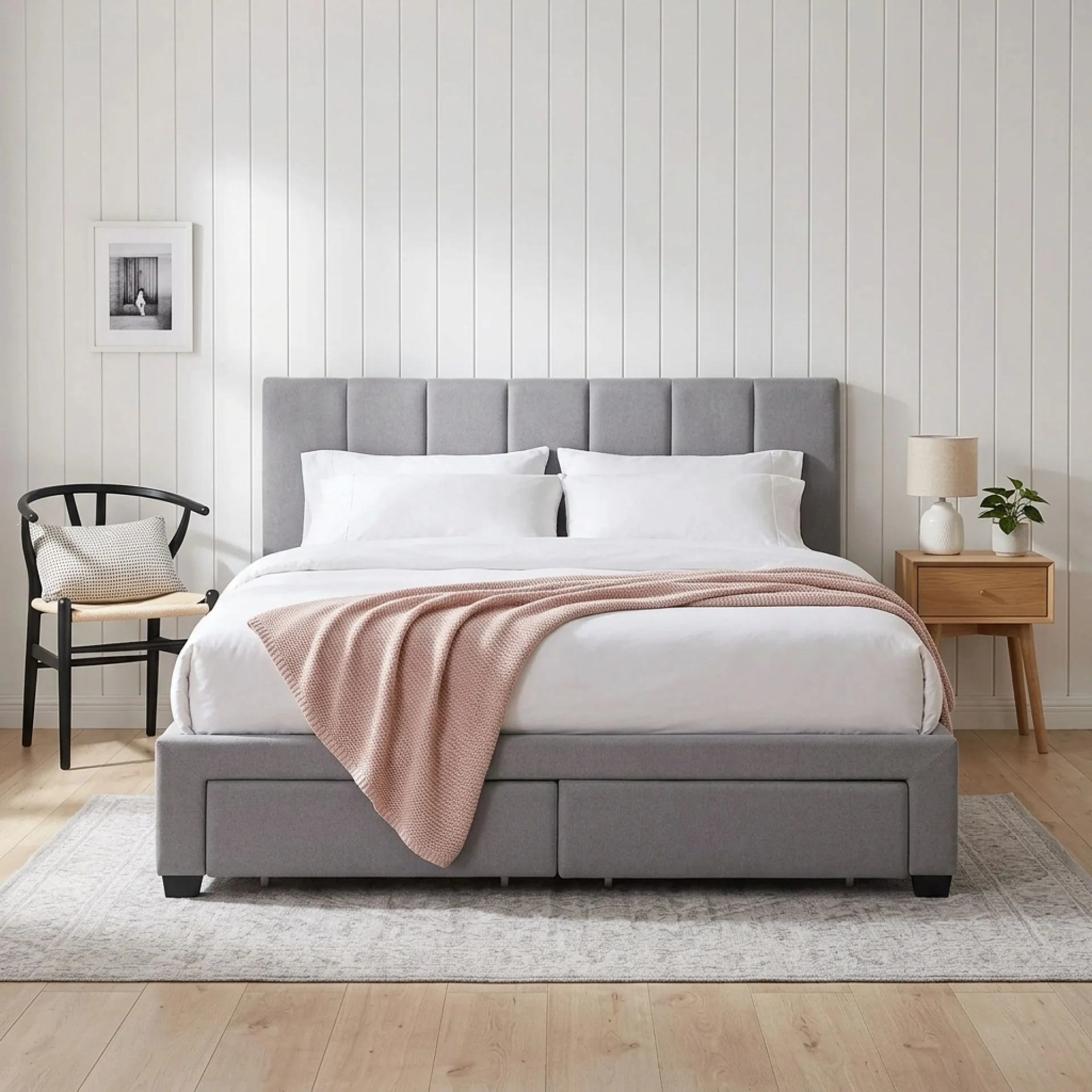 Charlotte Queen Bed Frame with 4 Drawers - Light Grey - Image 5