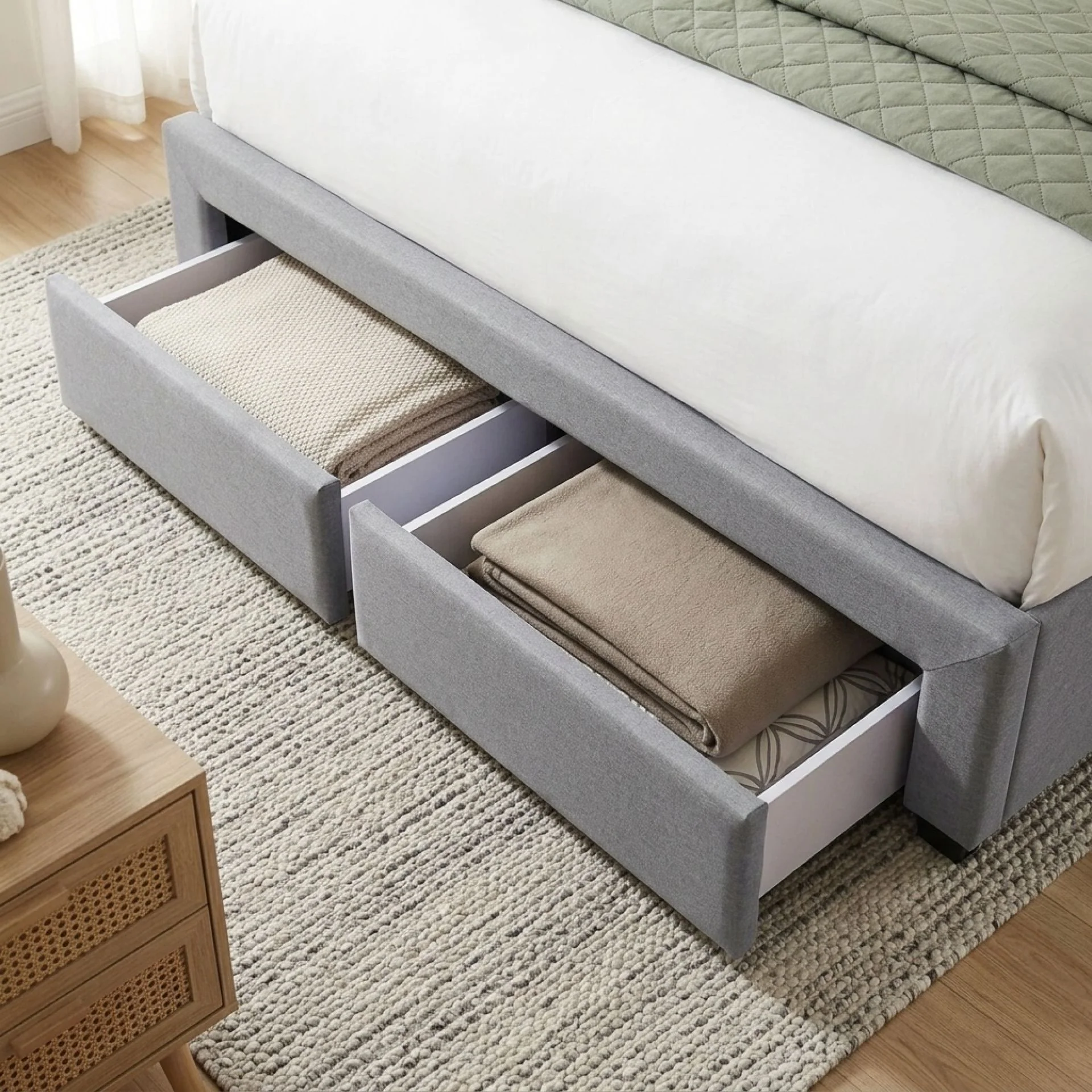 Charlotte Queen Bed Frame with 4 Drawers - Light Grey - Image 7