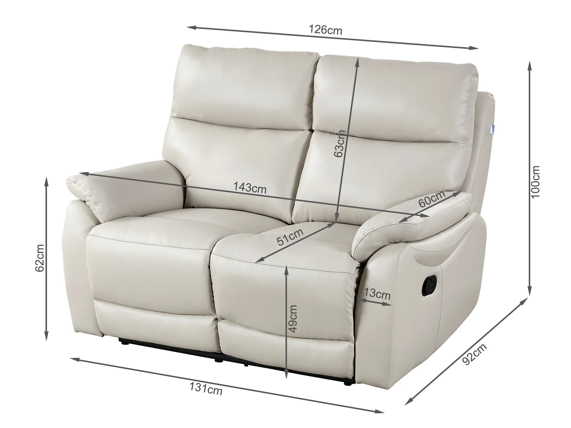 Charlton Leather 2 Seater Recliner Sofa - Beige - Image 11