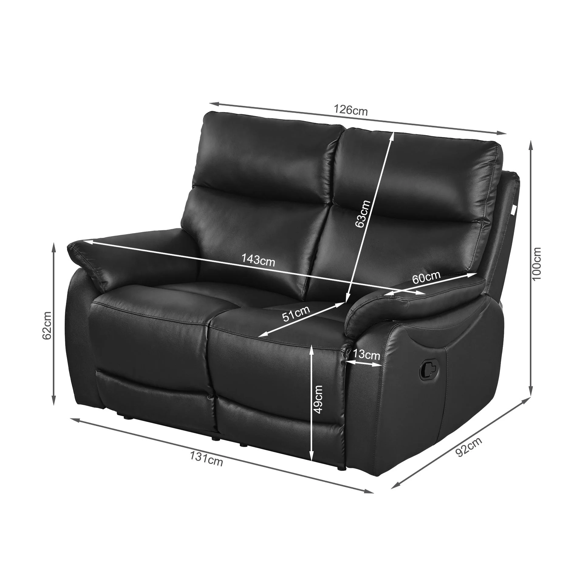 Charlton Leather 2 Seater Recliner Sofa - Black - Image 12