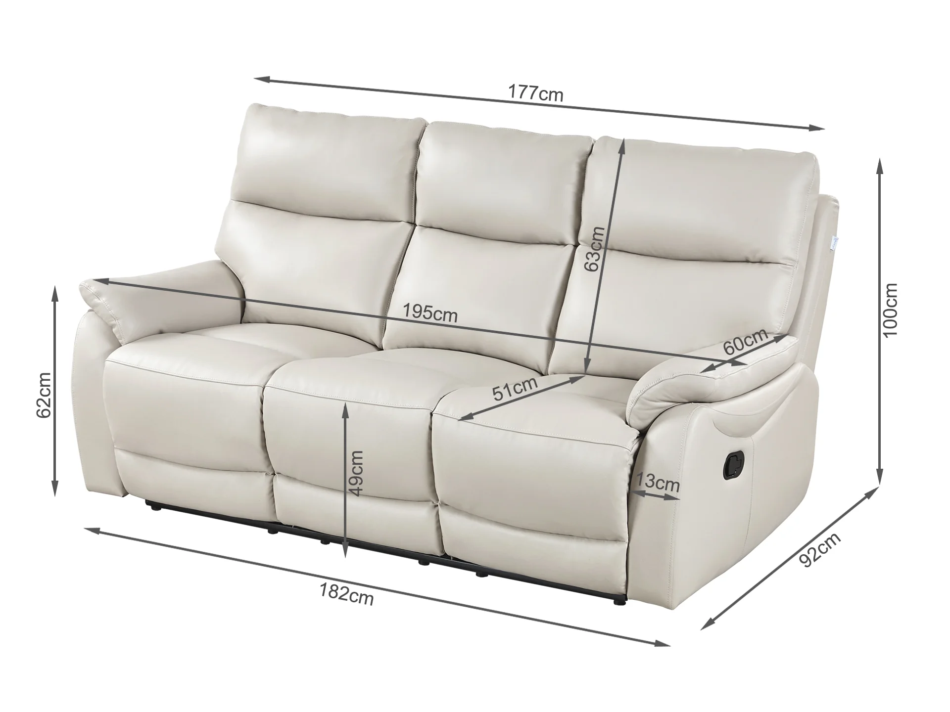 Charlton Leather 3 Seater Recliner Sofa - Beige - Image 12