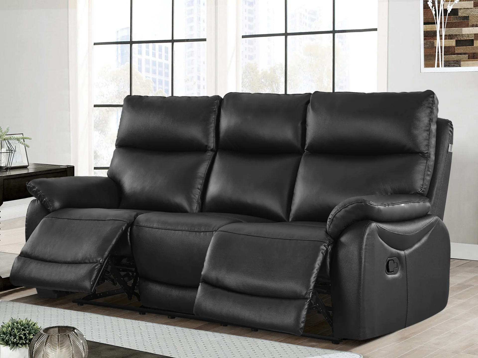 Charlton Leather 3 Seater Recliner Sofa - Black - Image 2