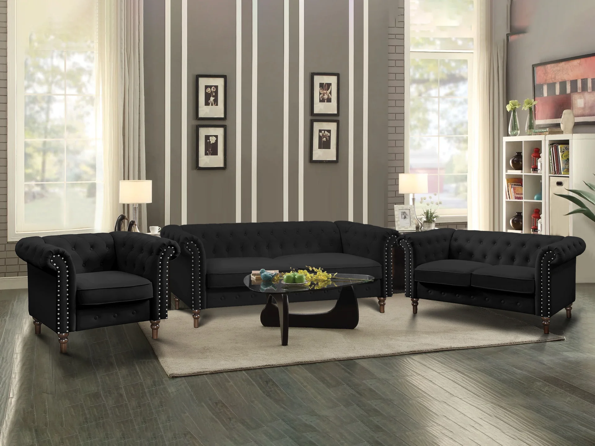 Chesley 3 Piece Sofa Set - Black