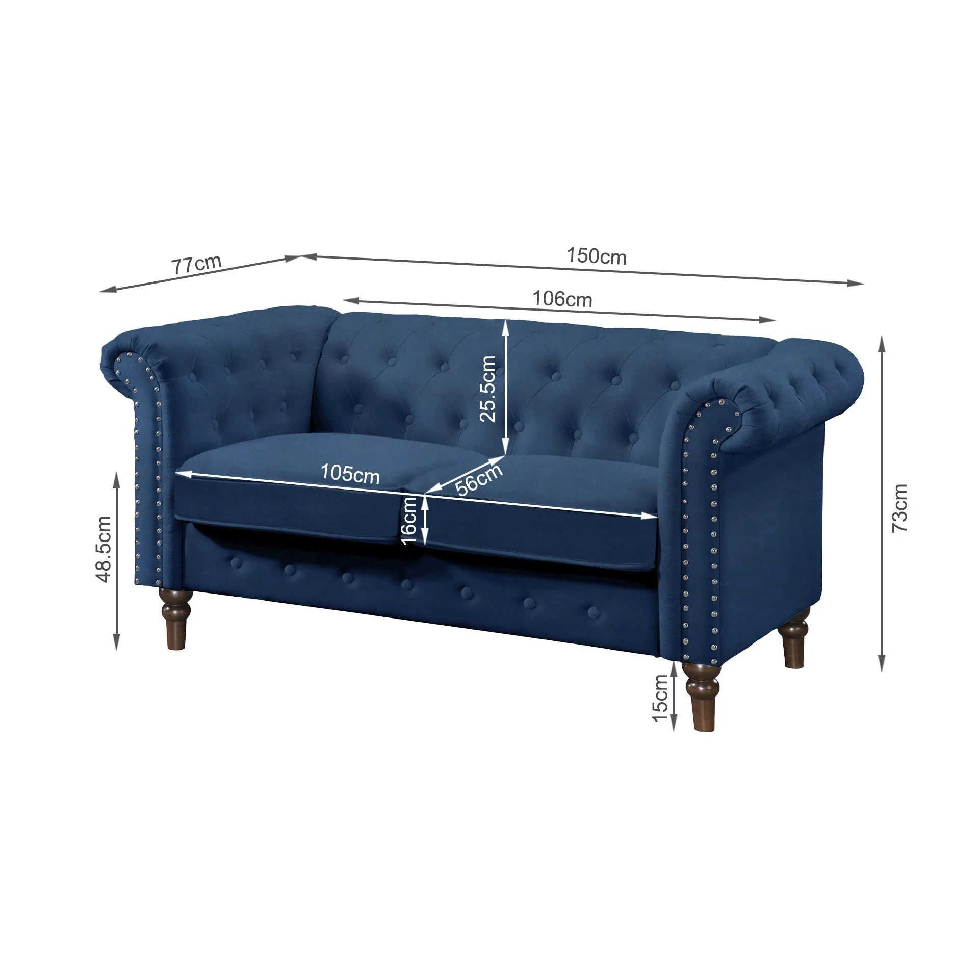 Chesley Velvet 2 Seater Sofa - Navy Blue - Image 8