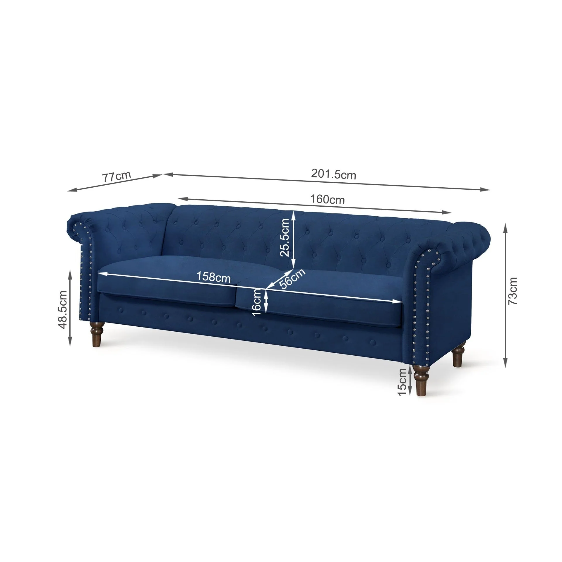 Chesley Velvet 3 Seater Sofa - Navy Blue - Image 11