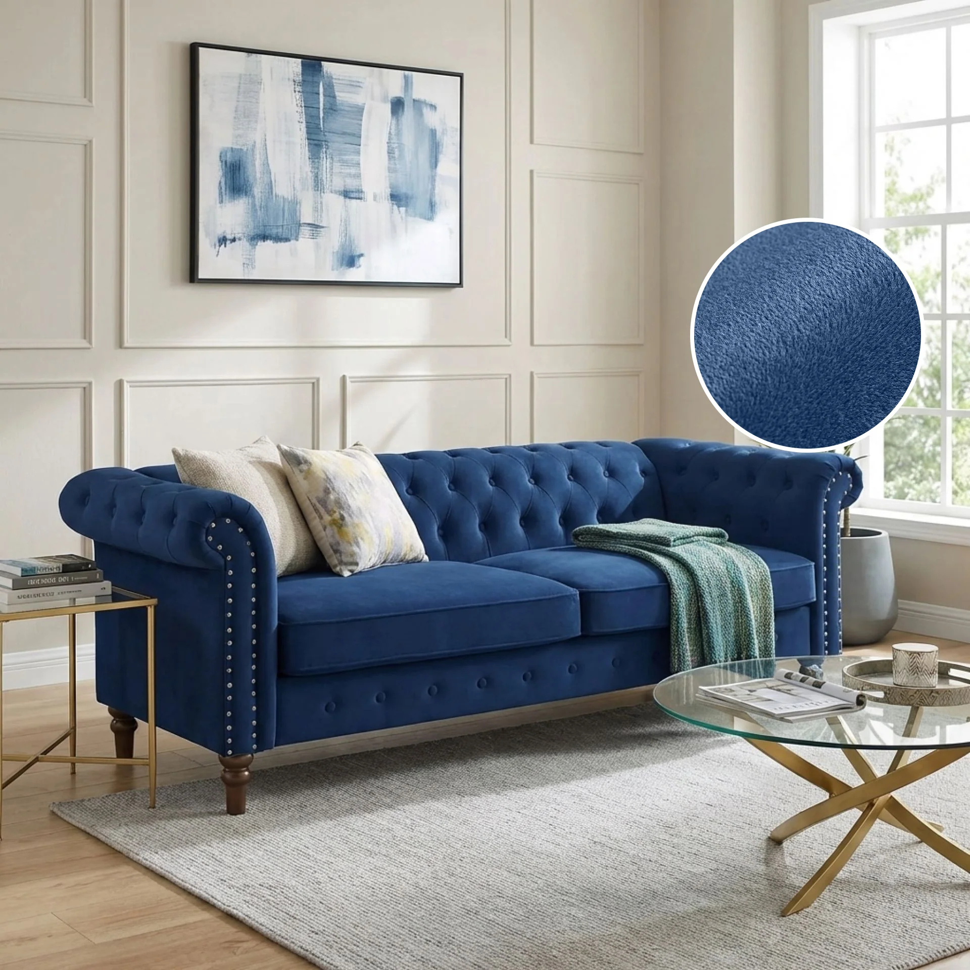 Chesley Velvet 3 Seater Sofa - Navy Blue - Image 2