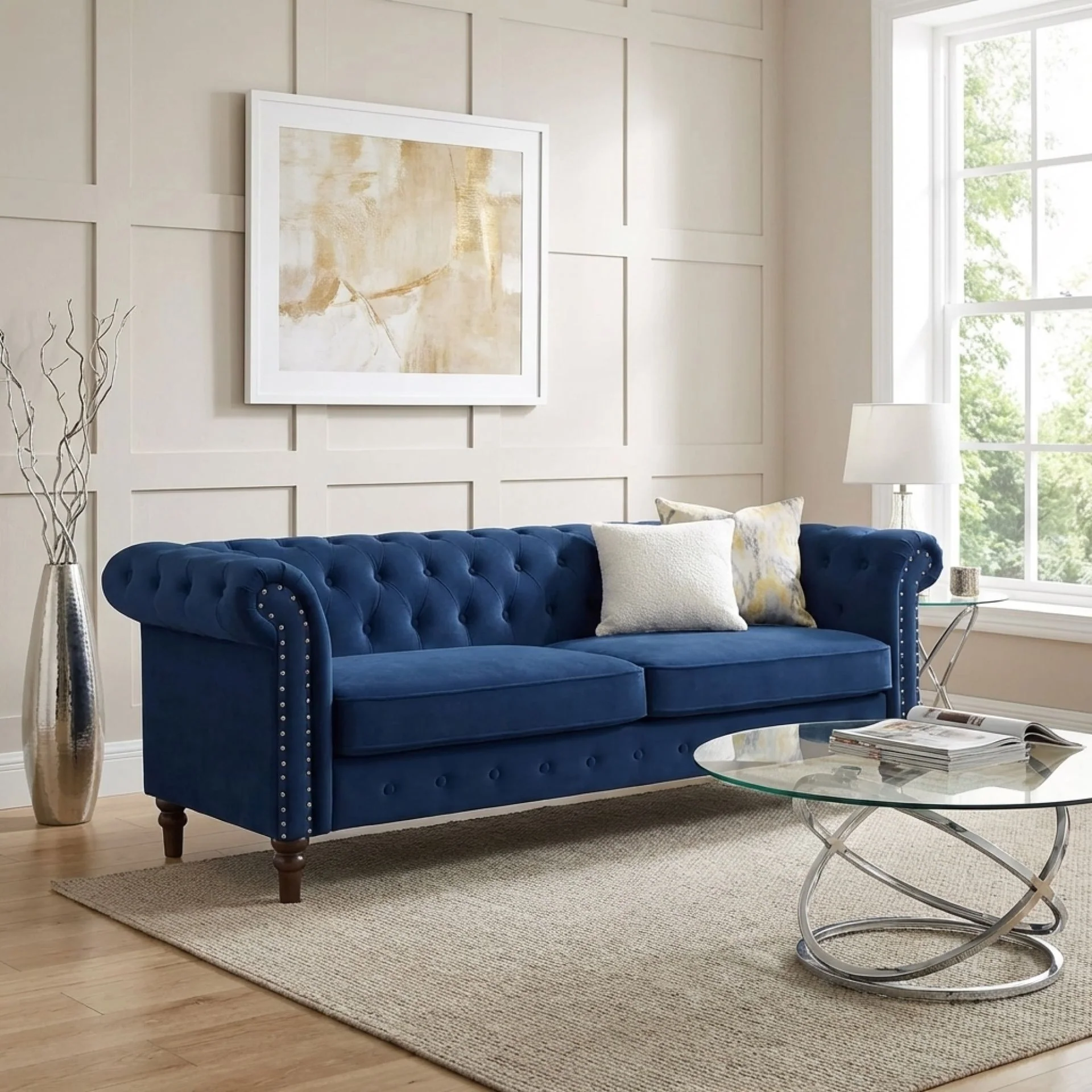 Chesley Velvet 3 Seater Sofa - Navy Blue - Image 3