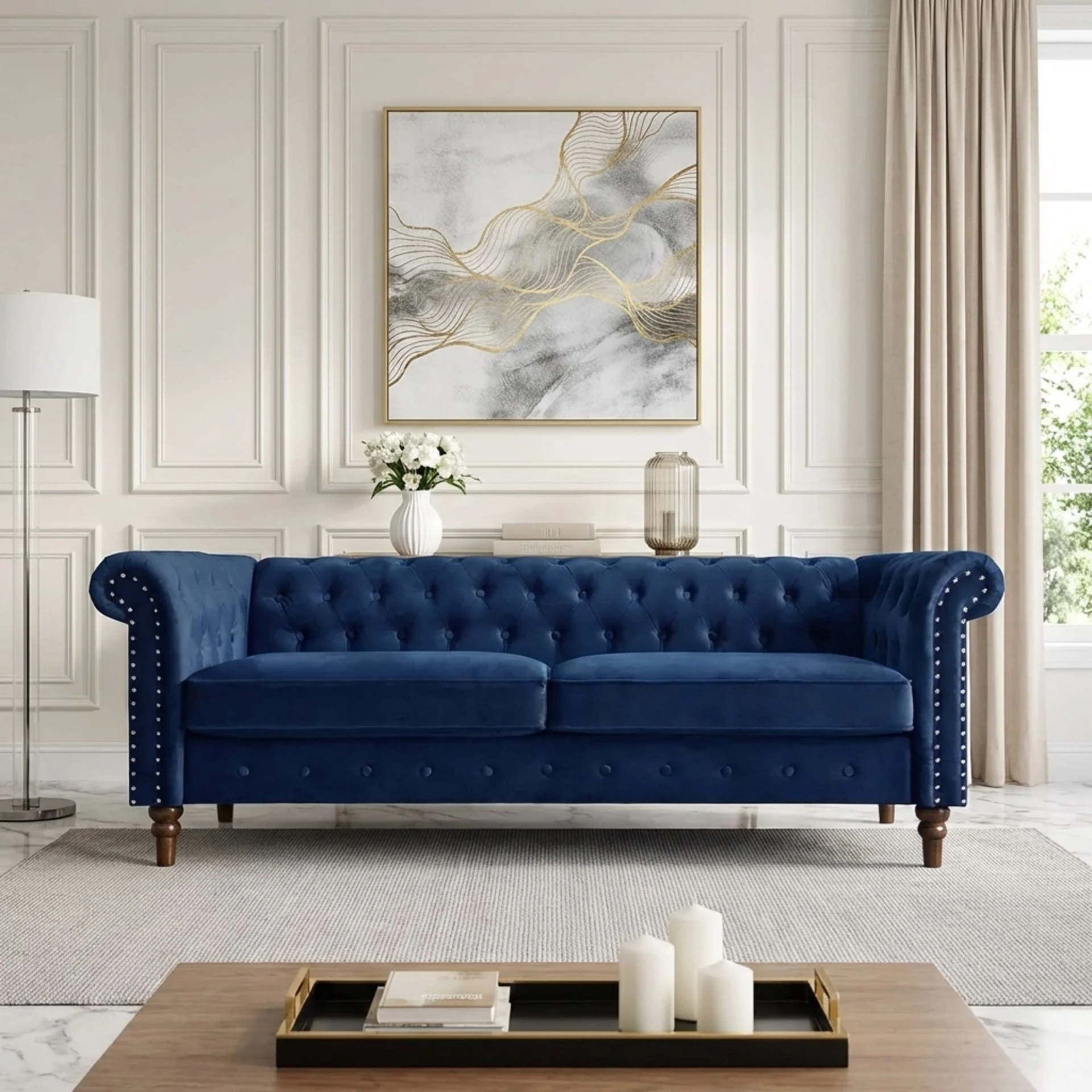 Chesley Velvet 3 Seater Sofa - Navy Blue - Image 4
