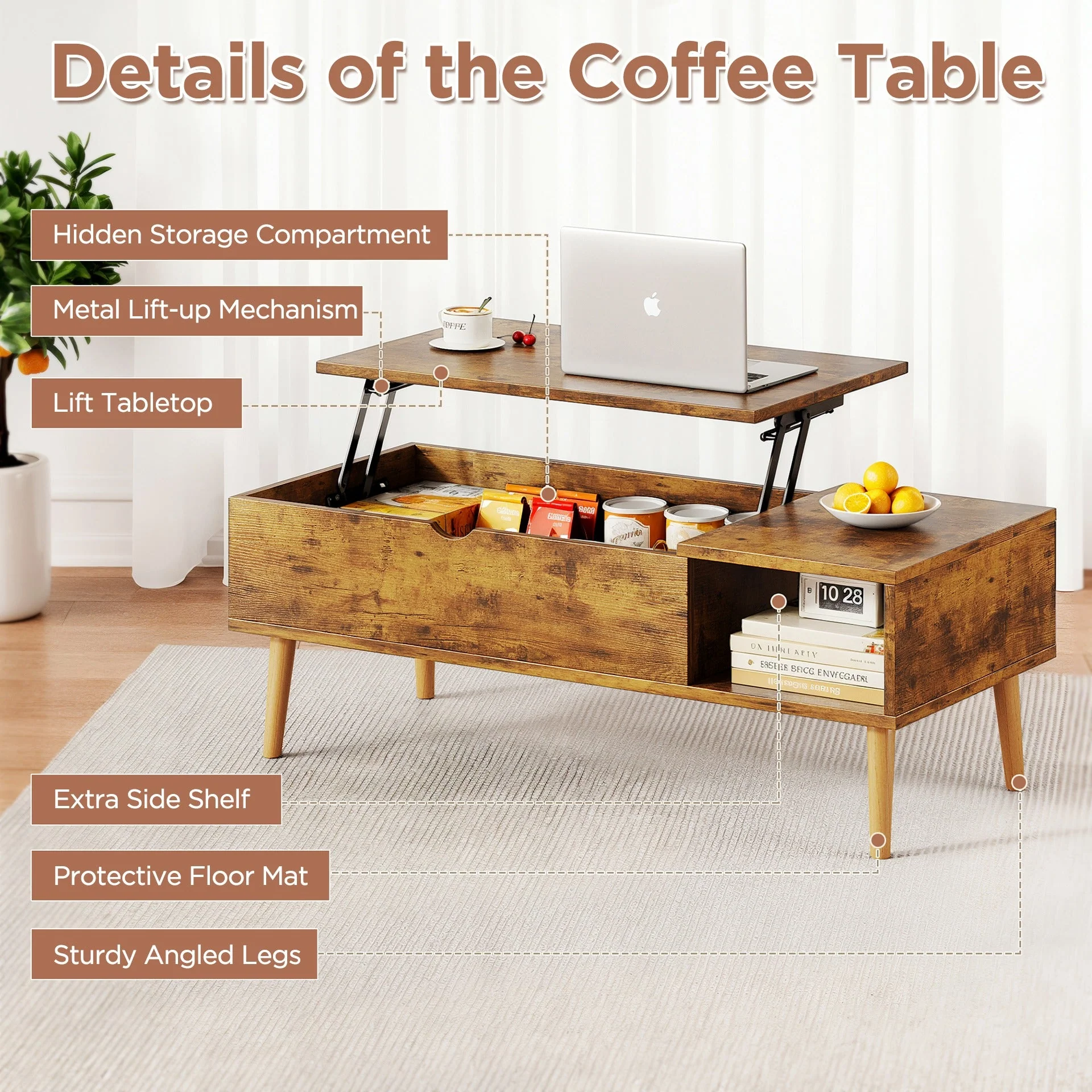 Chilwa Lift Top Coffee Table - Rustic Brown - Image 13