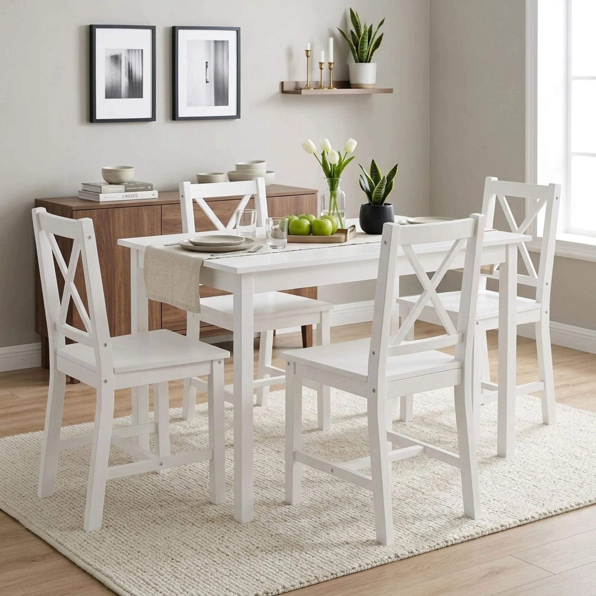 Chloe 5-Piece Solid Pine Wood Dining Set - White - Image 2