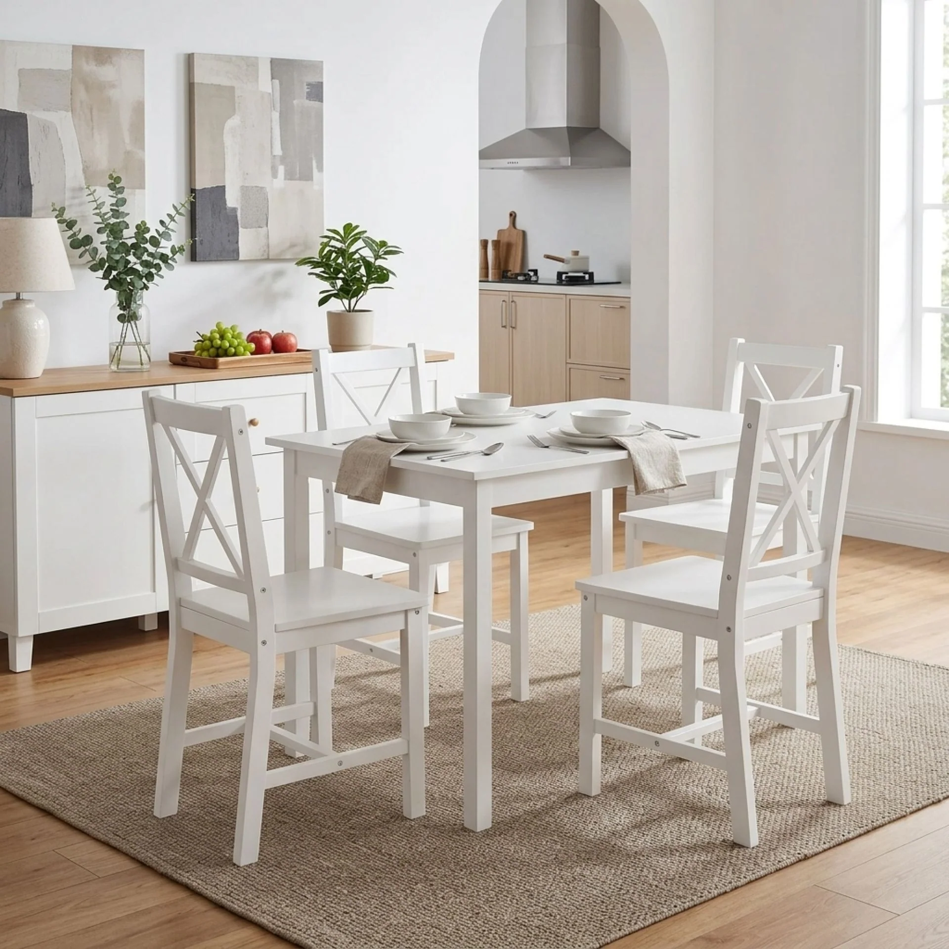 Chloe 5-Piece Solid Pine Wood Dining Set - White - Image 3