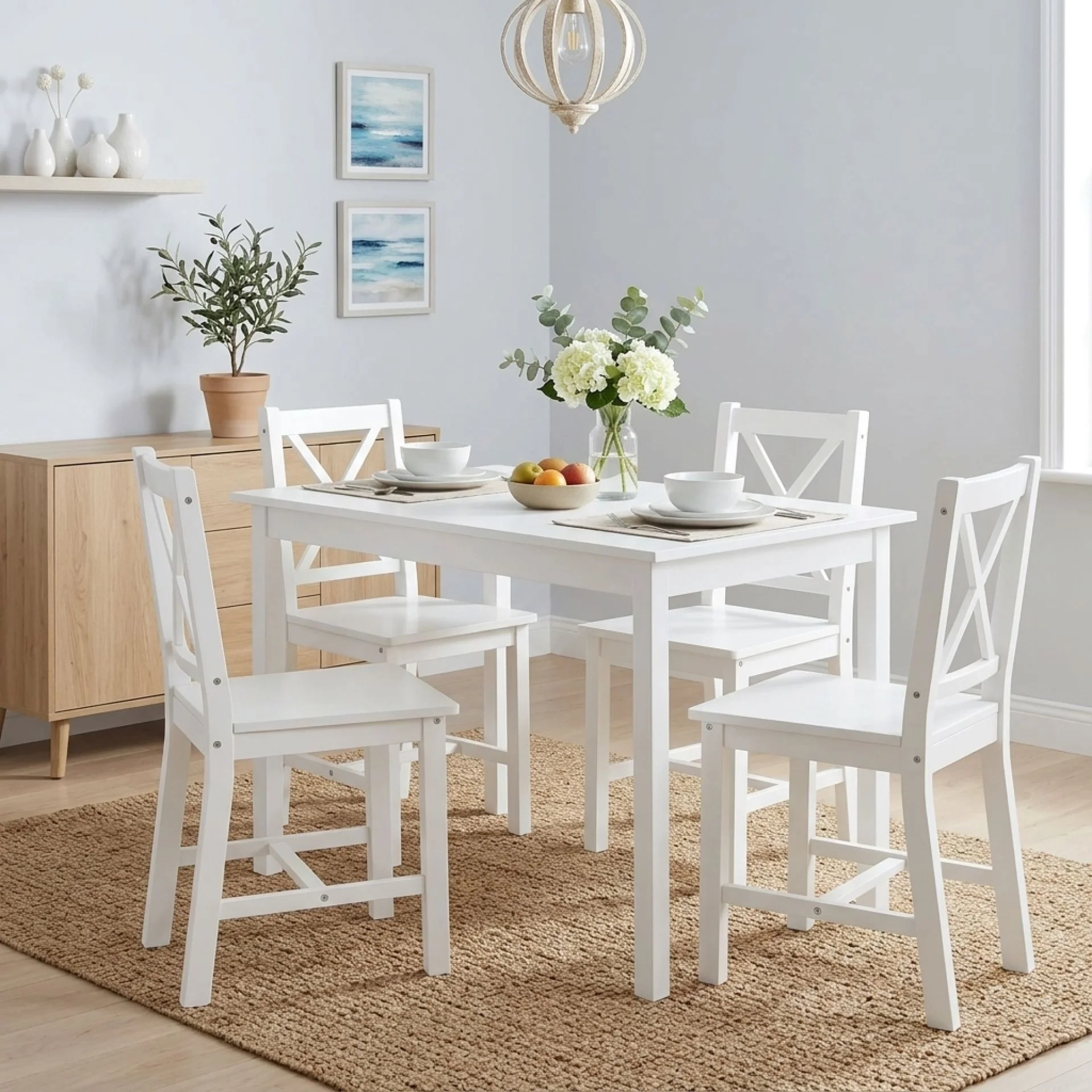 Chloe 5-Piece Solid Pine Wood Dining Set - White - Image 4