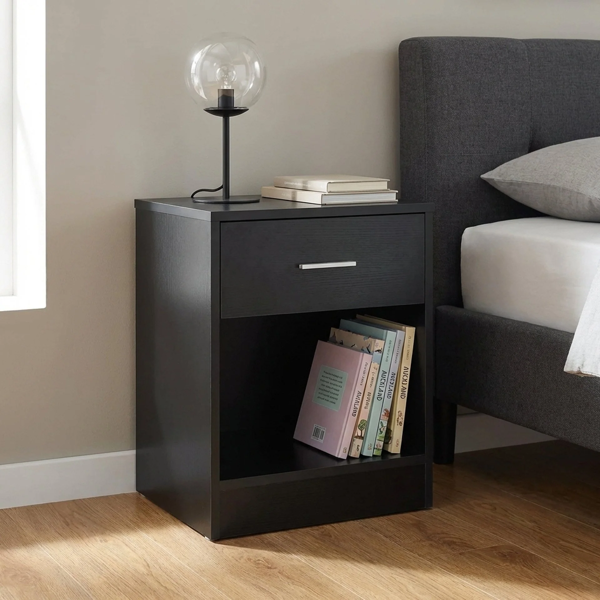 Clayton Bedside Table with 1 Drawer - Black - Image 3