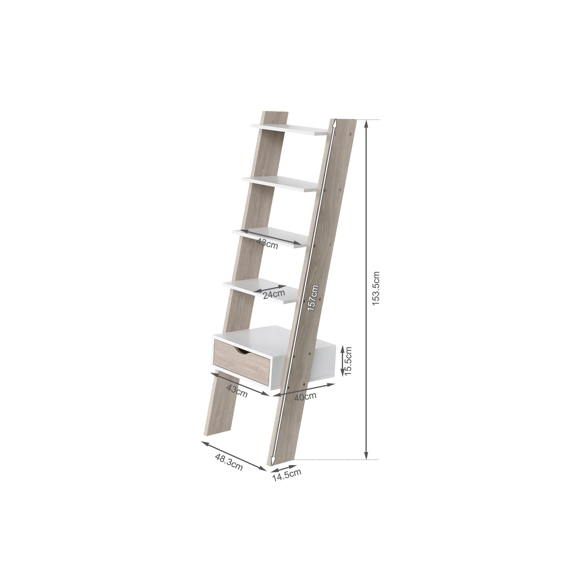 Clive 5 Tier Ladder Shelf with Drawer - Walnut + White - Image 11