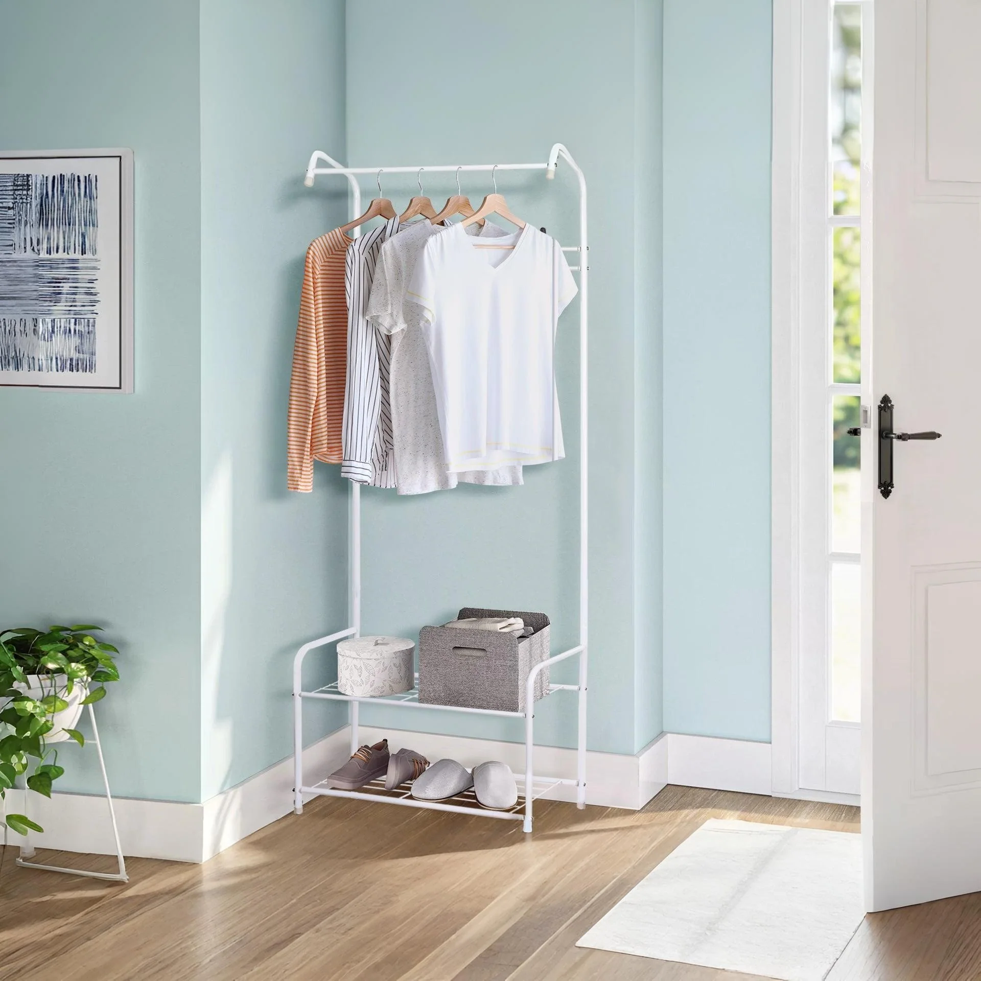 Clothing Garment Rack with Shelves - White