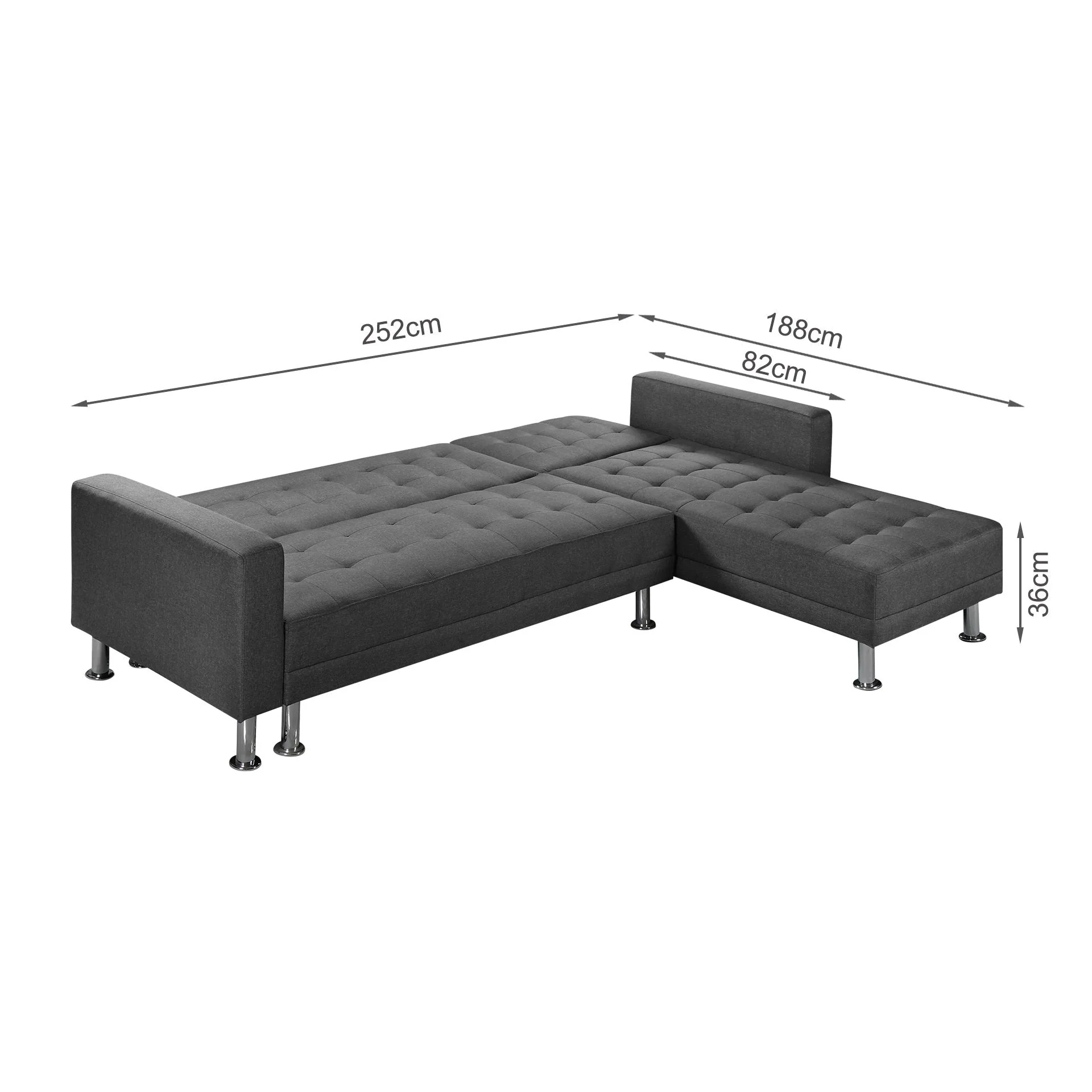 Colorado 3 Seater Sofa Bed Futon with Chaise - Dark Grey - Image 13