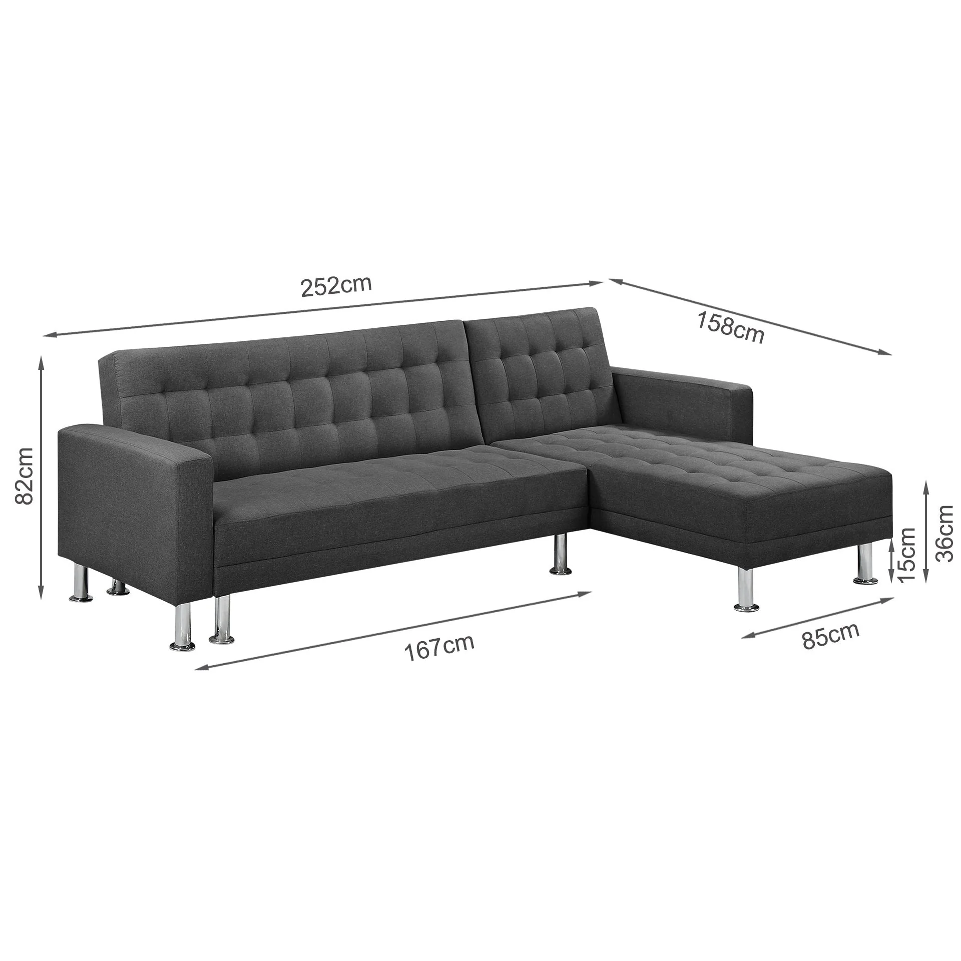 Colorado 3 Seater Sofa Bed Futon with Chaise - Dark Grey - Image 14