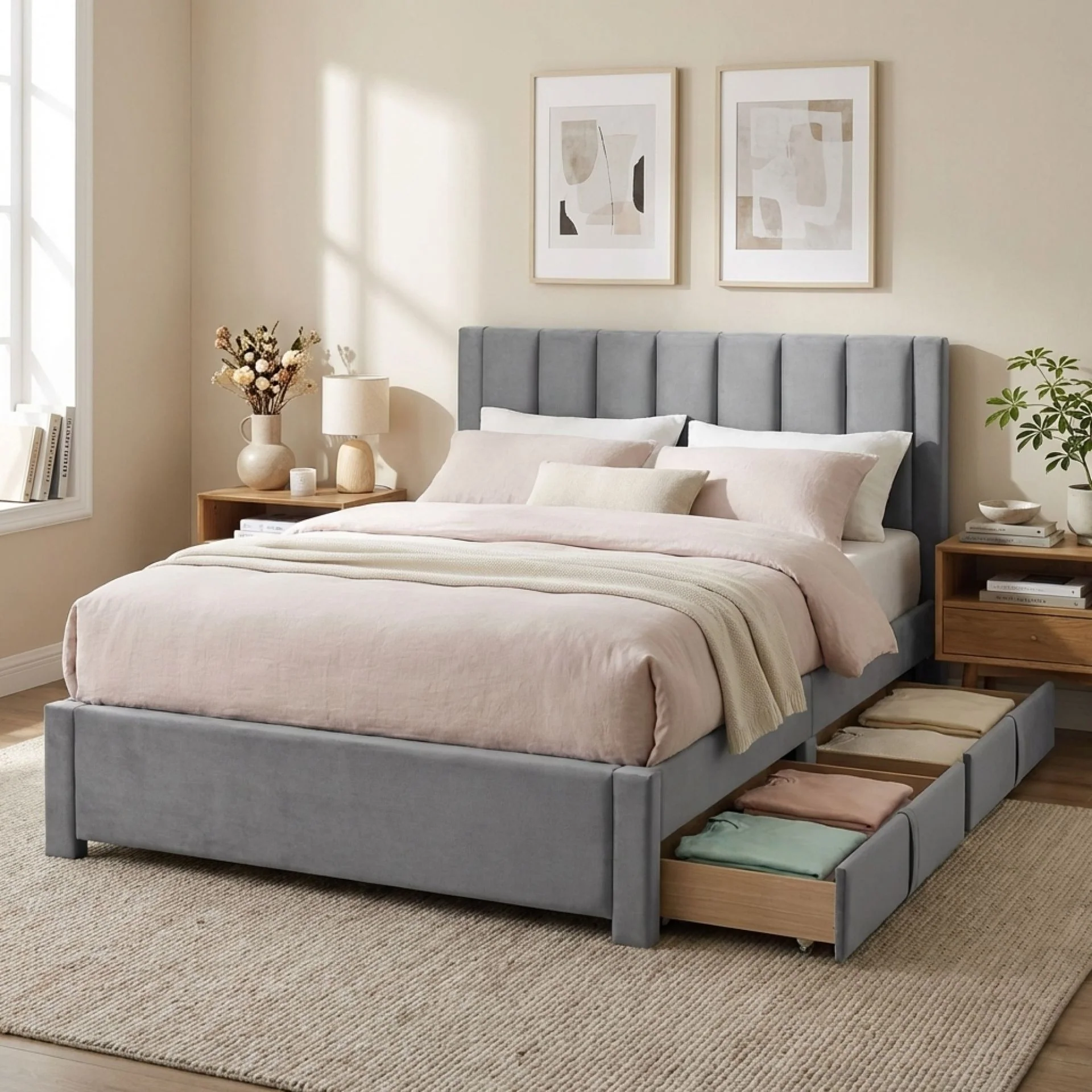 Columbia Velvet Double Velvet Bed Frame with 4 Drawers - Grey