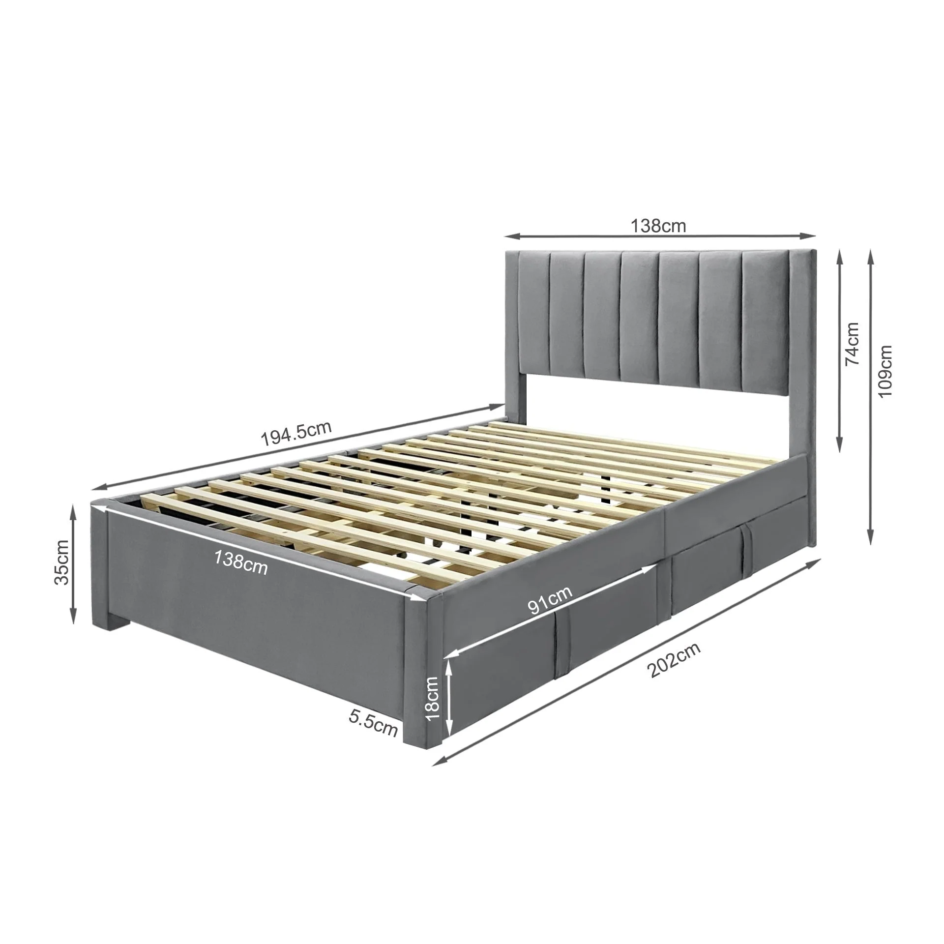 Columbia Velvet Double Velvet Bed Frame with 4 Drawers - Grey - Image 16