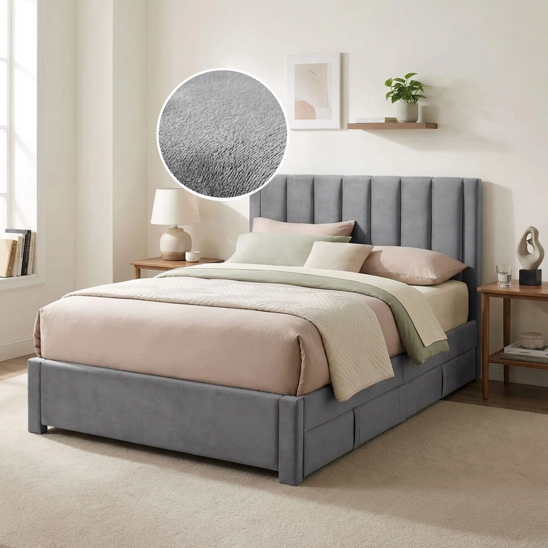 Columbia Velvet Double Velvet Bed Frame with 4 Drawers - Grey - Image 2
