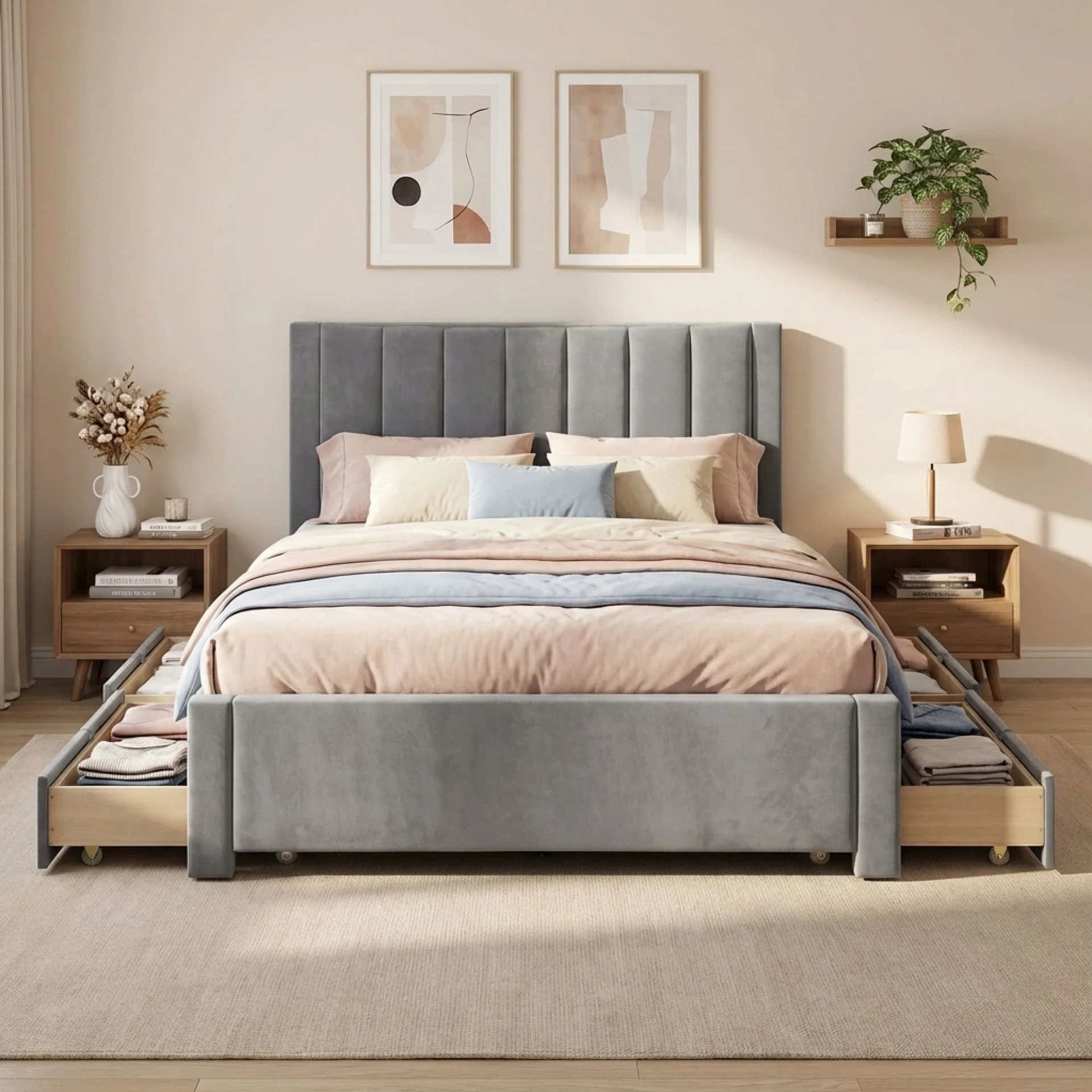Columbia Velvet Double Velvet Bed Frame with 4 Drawers - Grey - Image 5