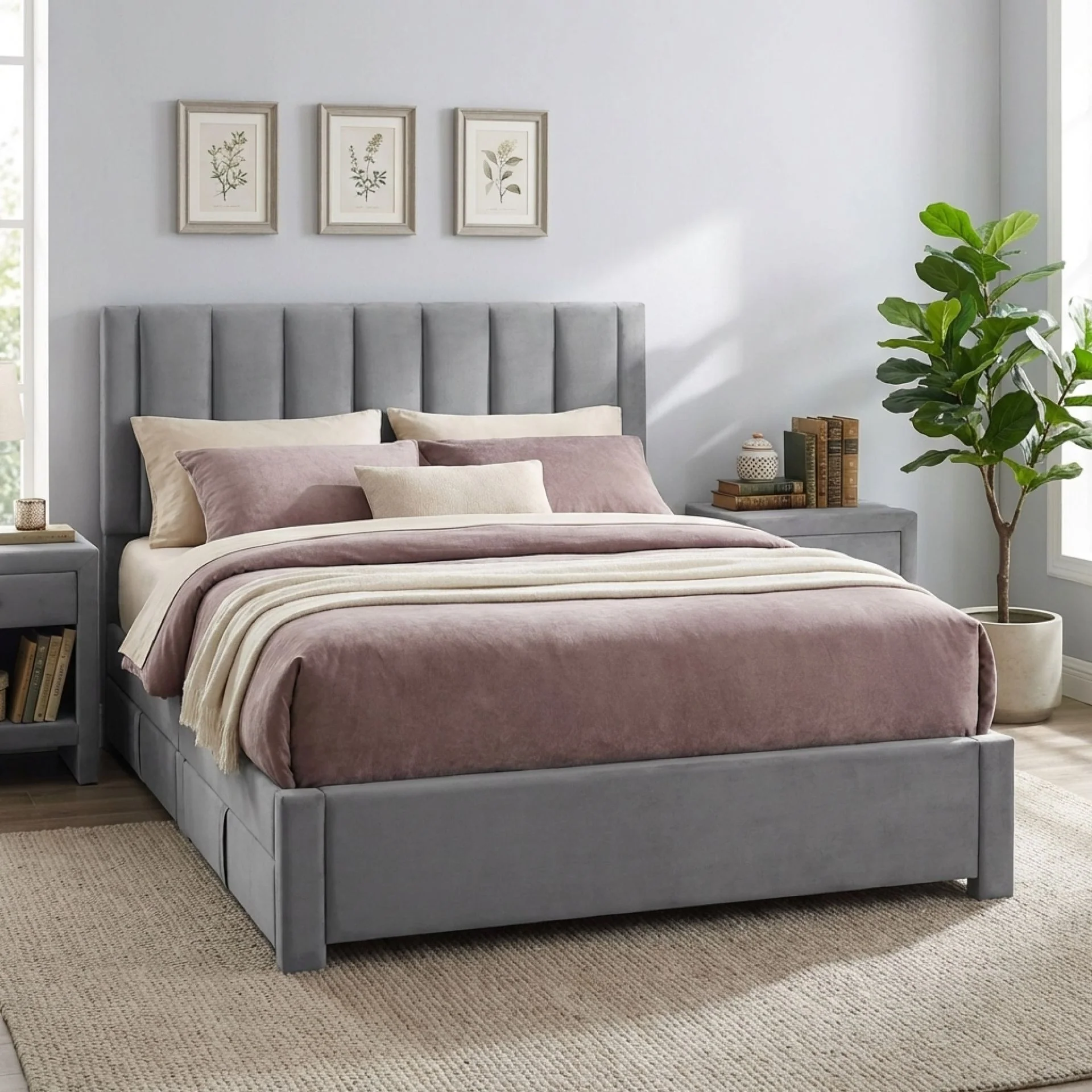 Columbia Velvet Double Velvet Bed Frame with 4 Drawers - Grey - Image 6