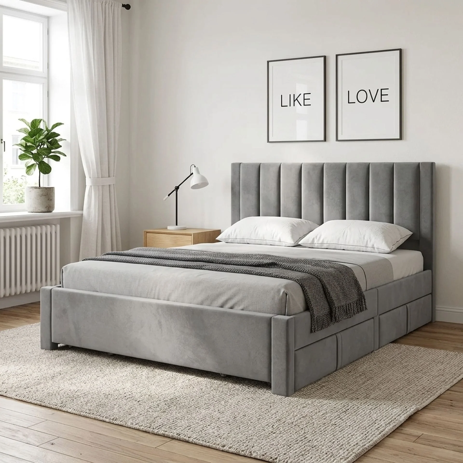 Columbia Velvet Queen Bed Frame with 4 Drawers - Grey