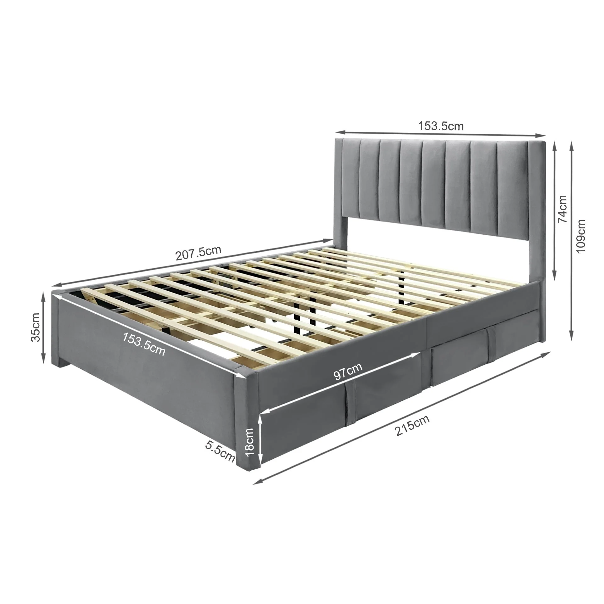 Columbia Velvet Queen Bed Frame with 4 Drawers - Grey - Image 14