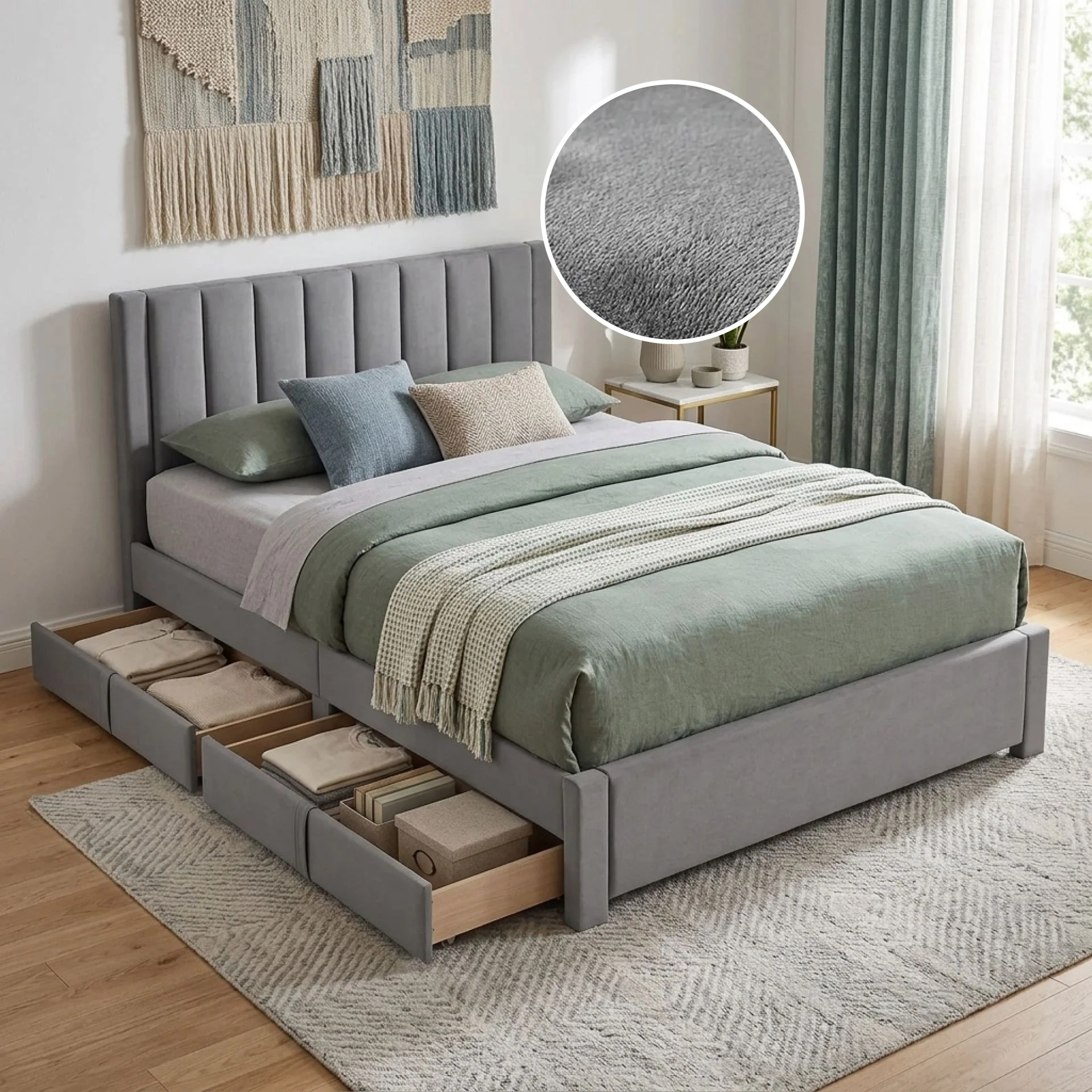 Columbia Velvet Queen Bed Frame with 4 Drawers - Grey - Image 2