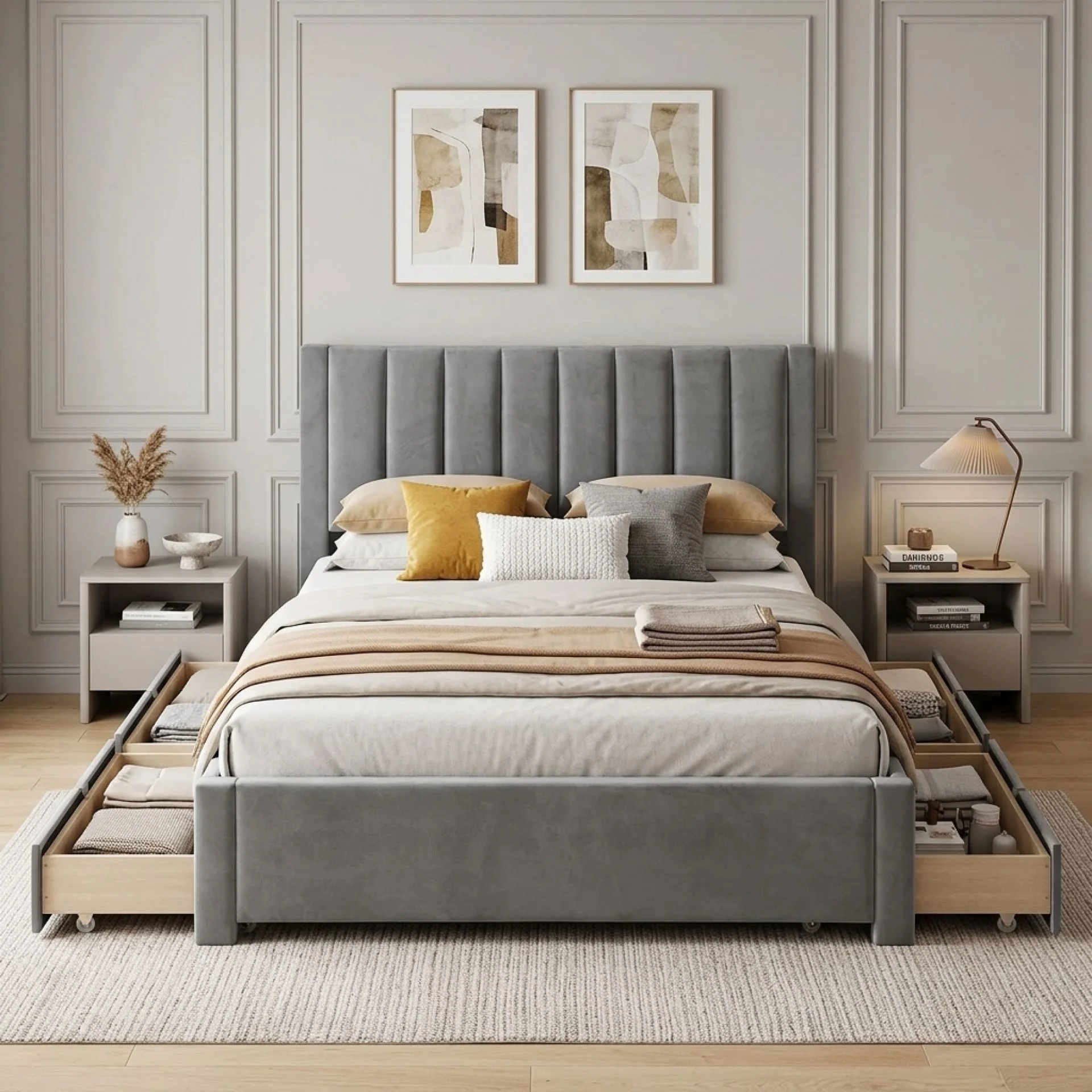 Columbia Velvet Queen Bed Frame with 4 Drawers - Grey - Image 4