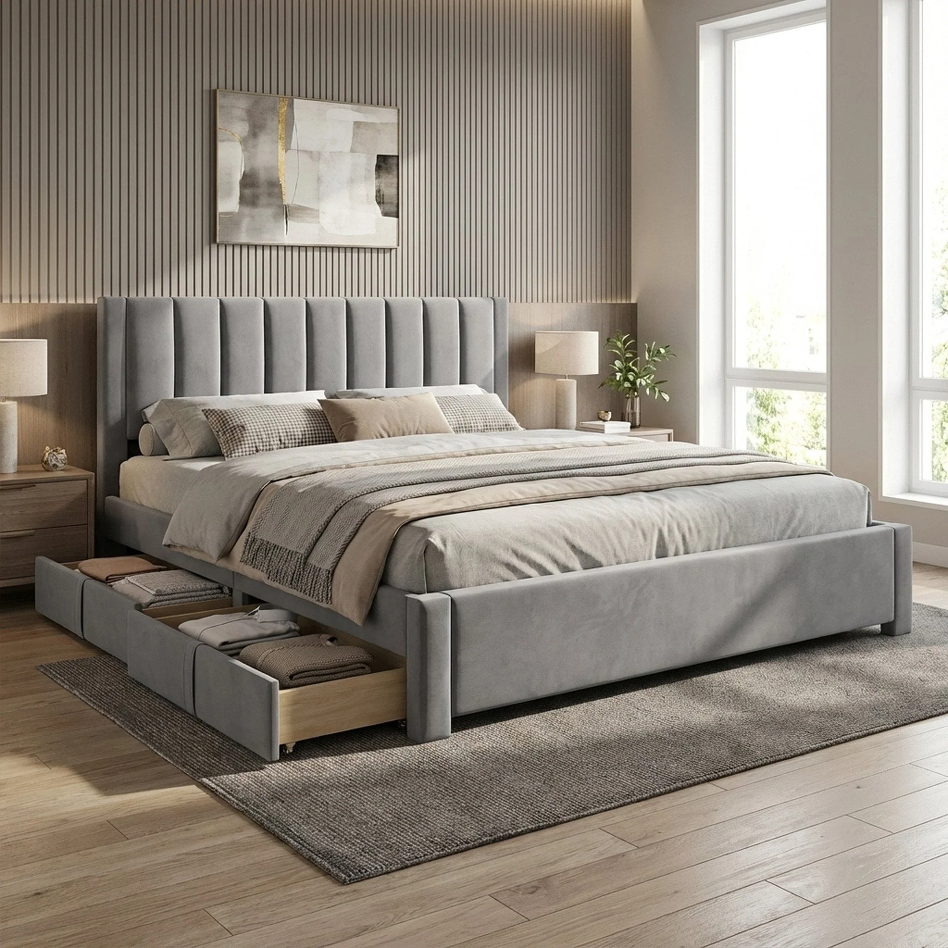 Columbia Velvet Super King Bed Frame with 4 Drawers- Grey