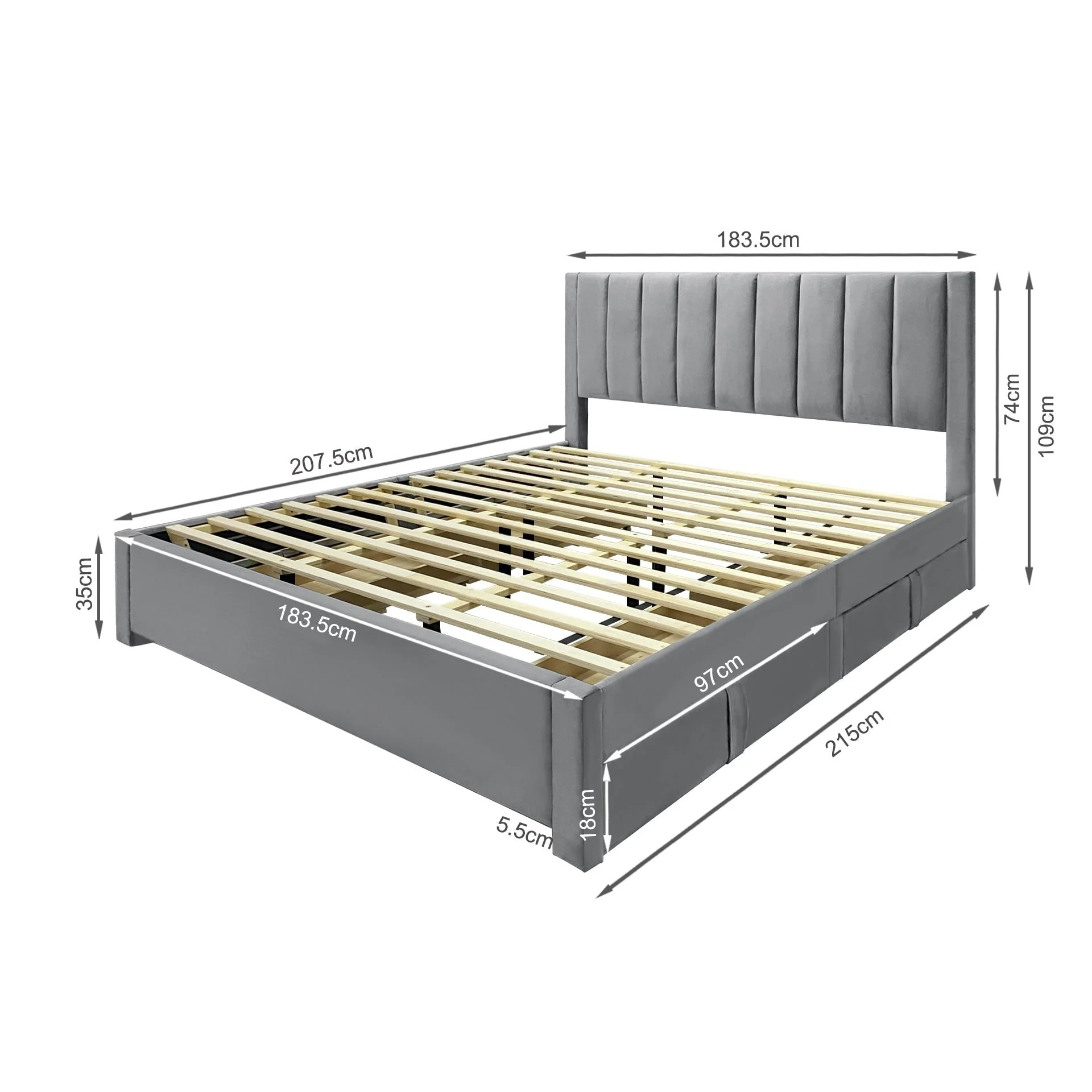 Columbia Velvet Super King Bed Frame with 4 Drawers- Grey - Image 11