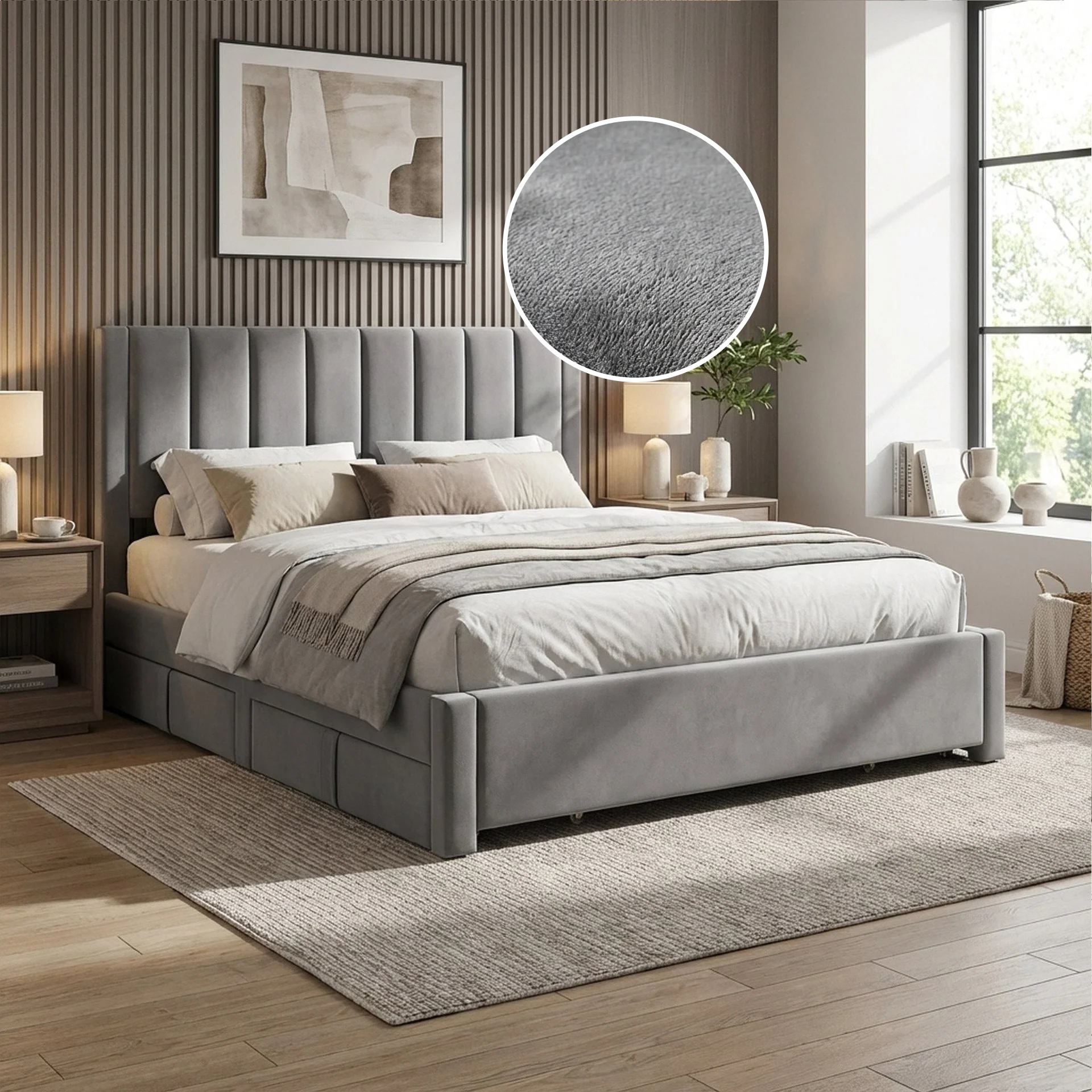 Columbia Velvet Super King Bed Frame with 4 Drawers- Grey - Image 2