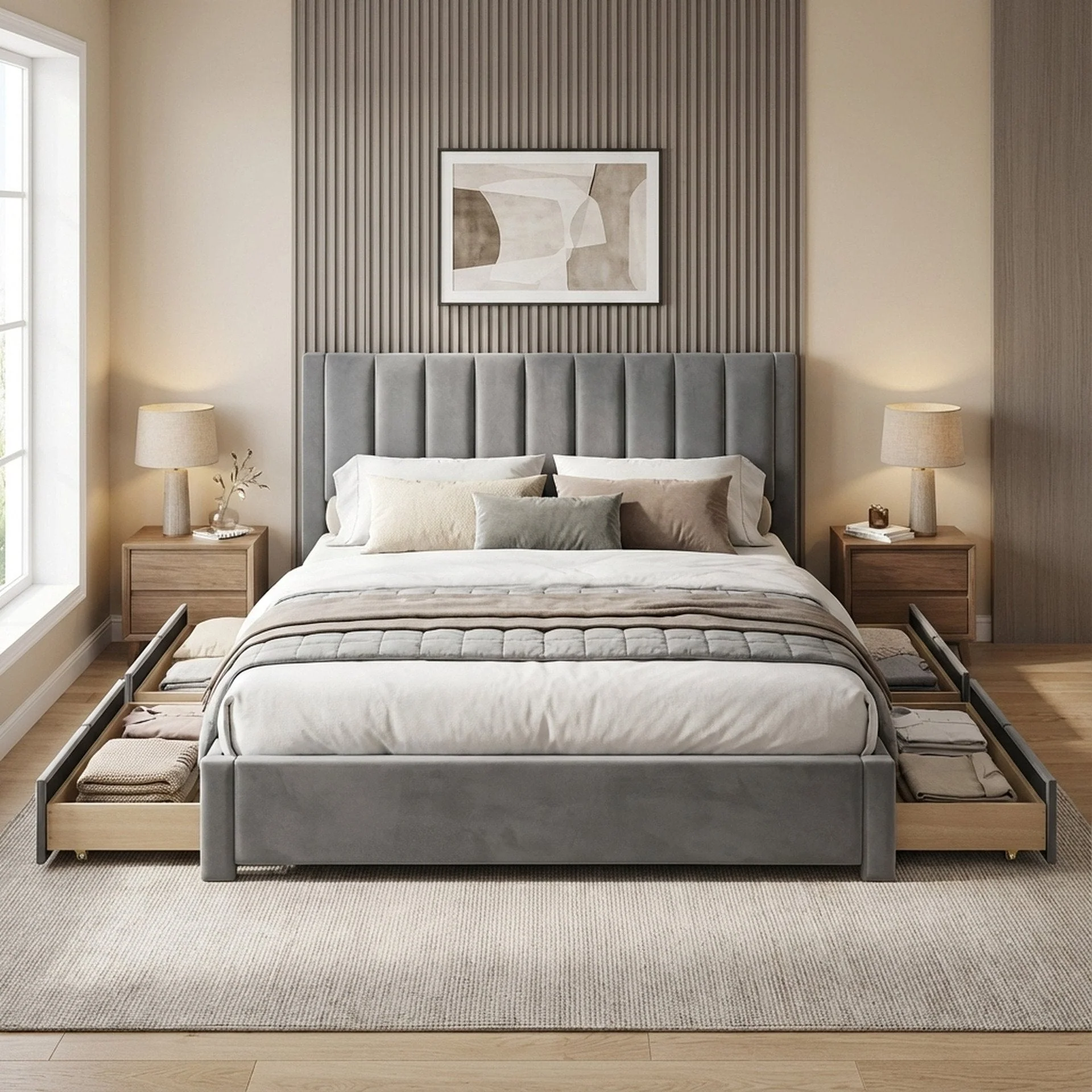 Columbia Velvet Super King Bed Frame with 4 Drawers- Grey - Image 3