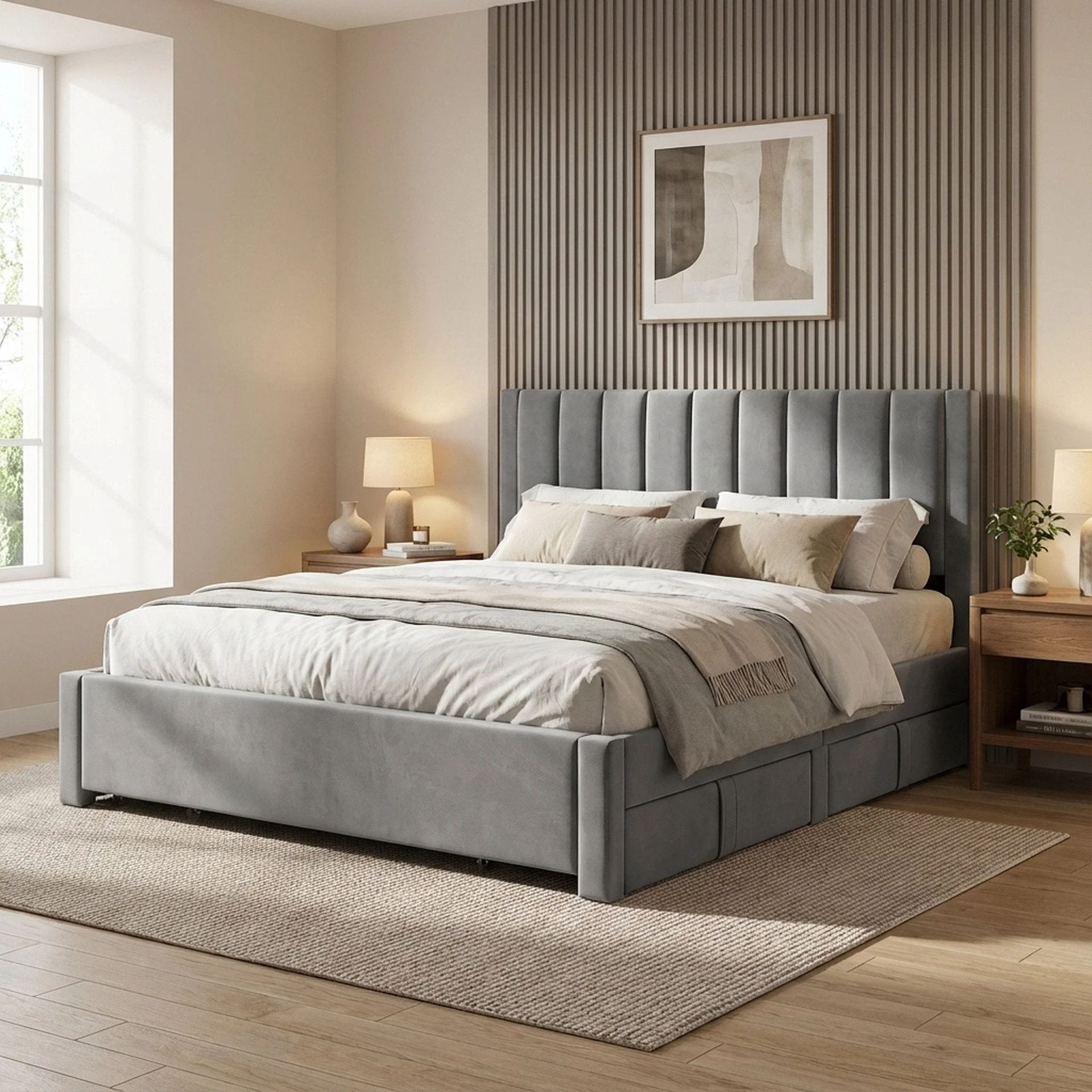 Columbia Velvet Super King Bed Frame with 4 Drawers- Grey - Image 4