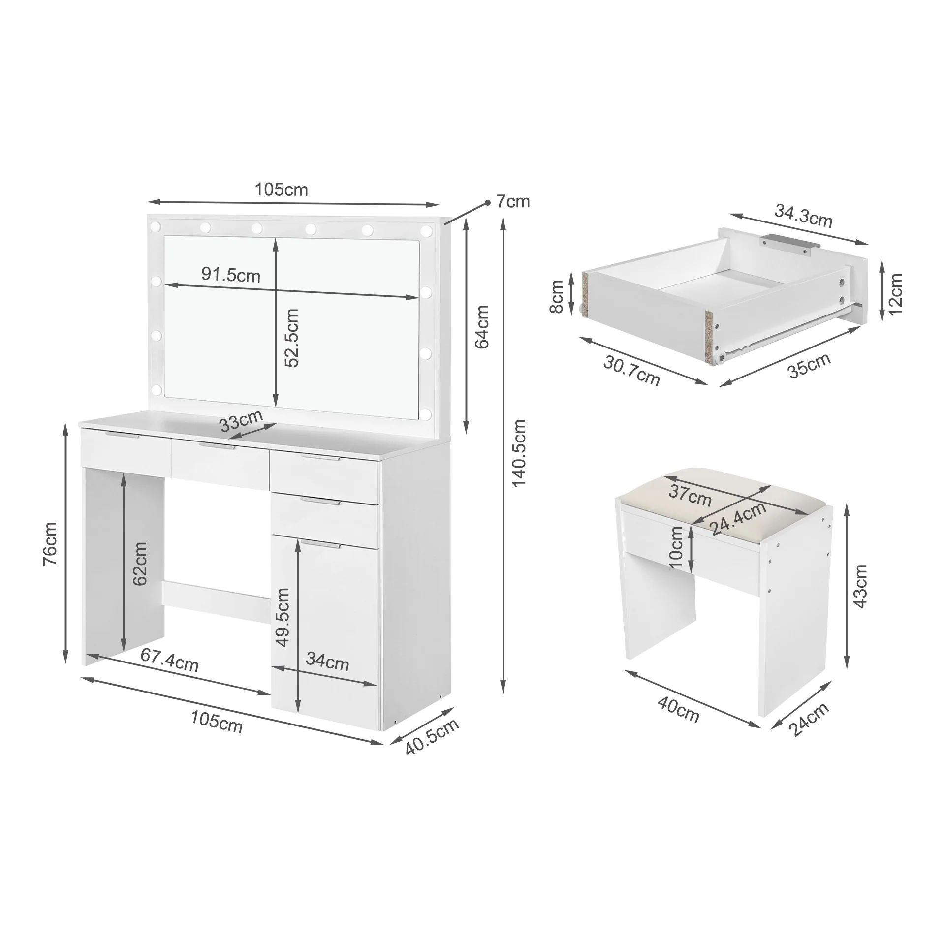 Comfrey 2 Piece Dressing Table with Mirror & Stool Set - White - Image 13