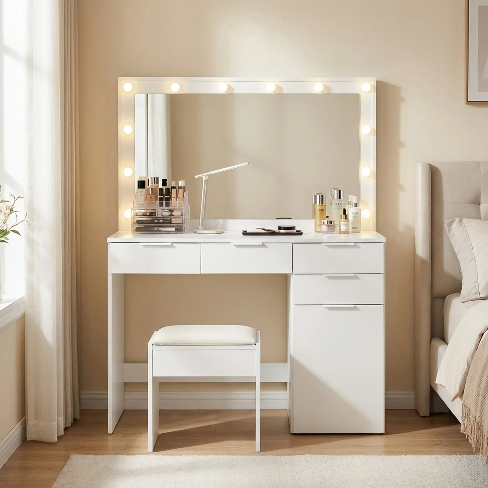 Comfrey 2 Piece Dressing Table with Mirror & Stool Set - White - Image 2